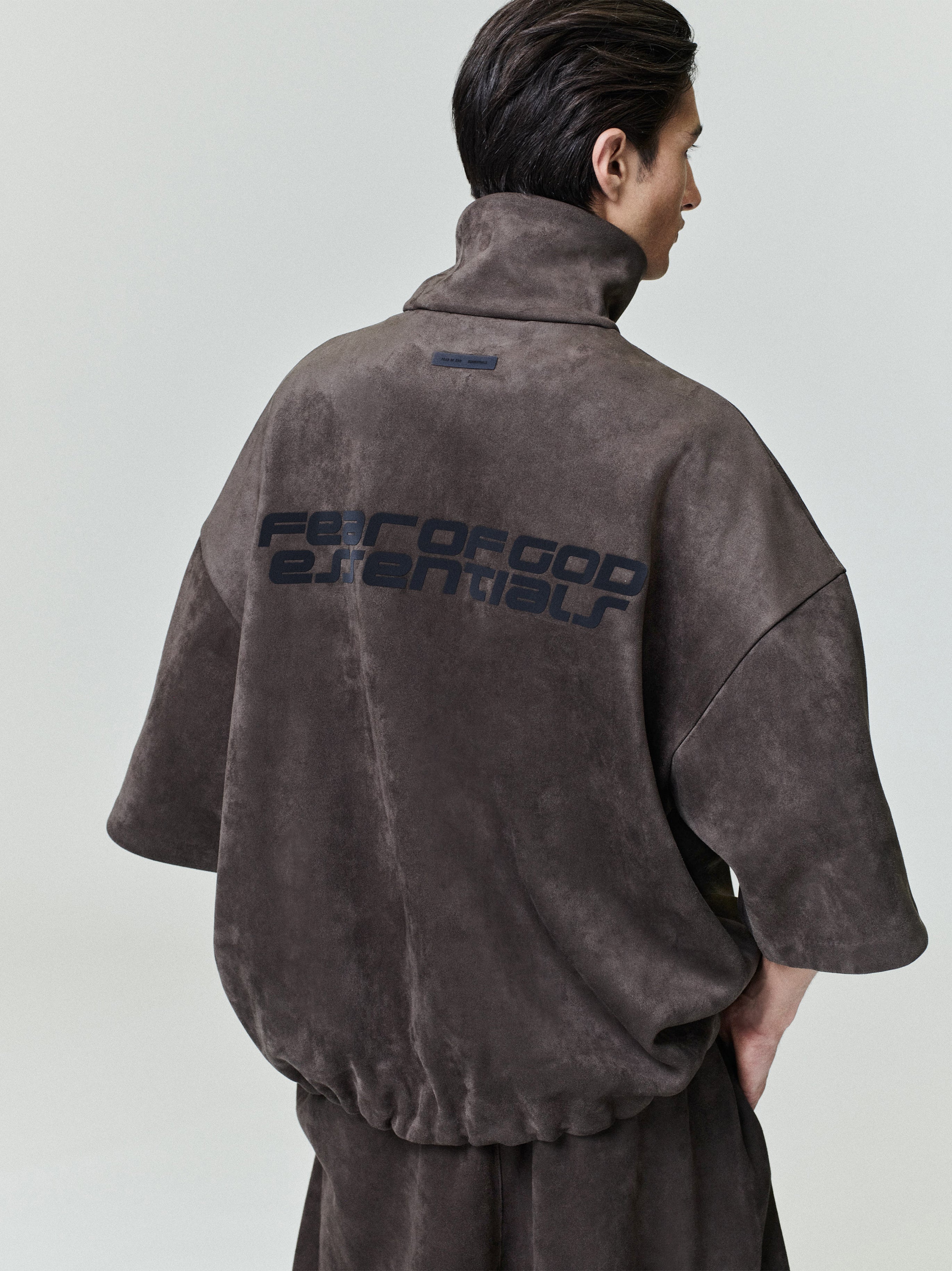 Essentials Suede Fleece High Neck 3/4 Sleeve Jacket Brown