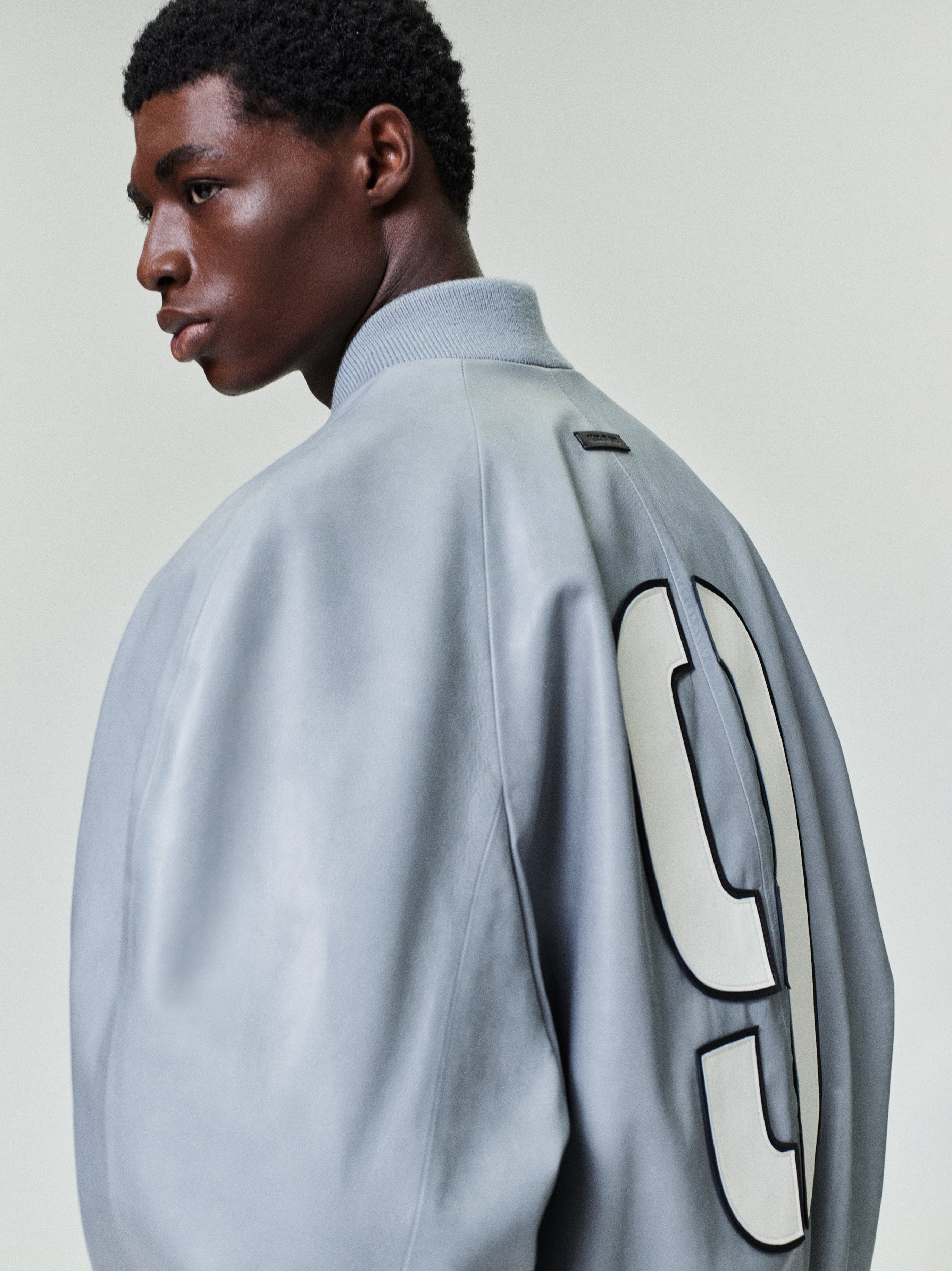 Essentials Leather 9 Raglan Bomber Jacket Metallic Grey