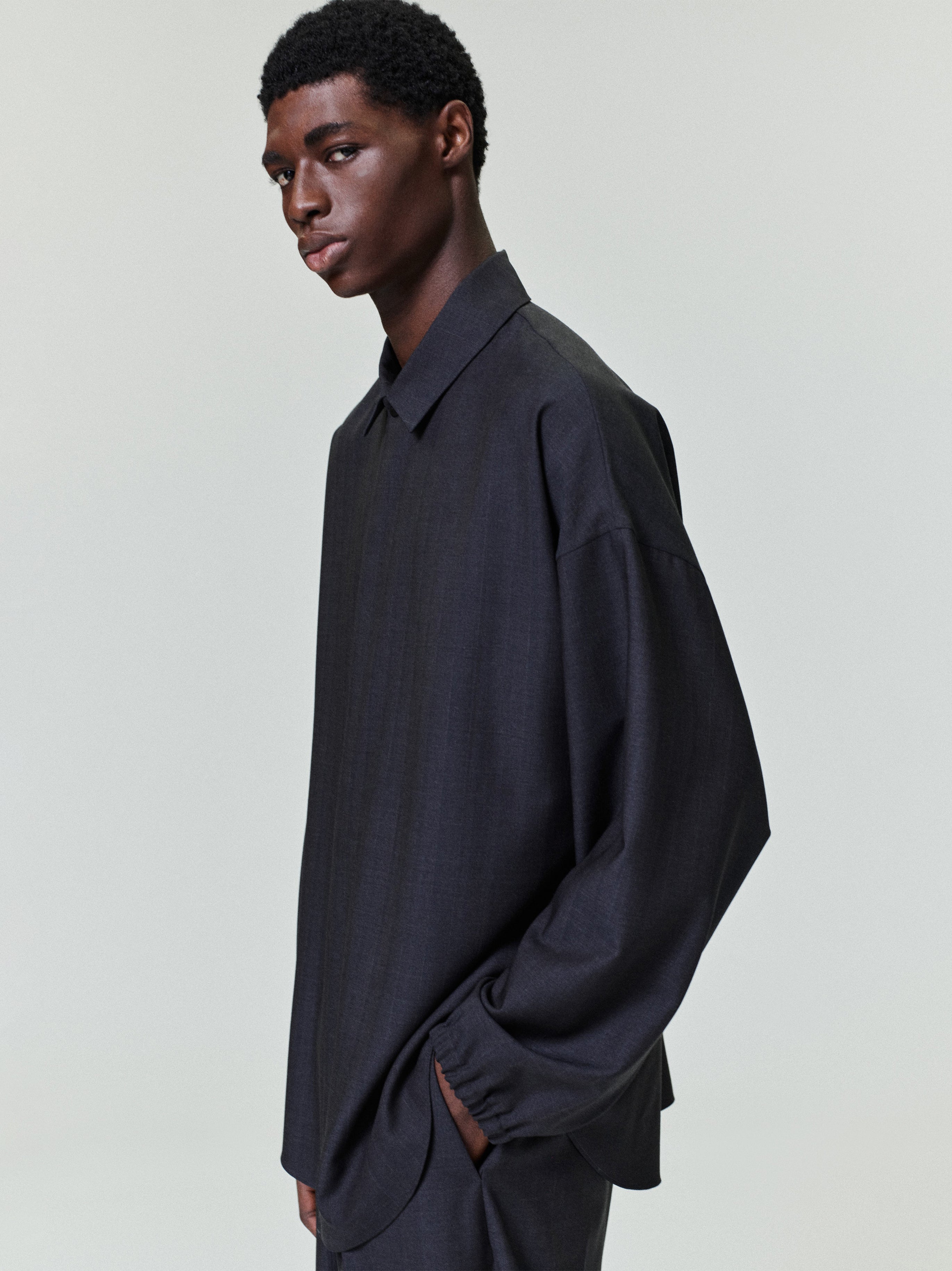 Essentials Grey Striped Wool Elastic Cuff Shirt Grey Striped
