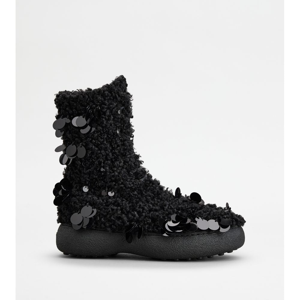 Tods W. G. Lace-Up Ankle Boots In Faux Fur Black Womens