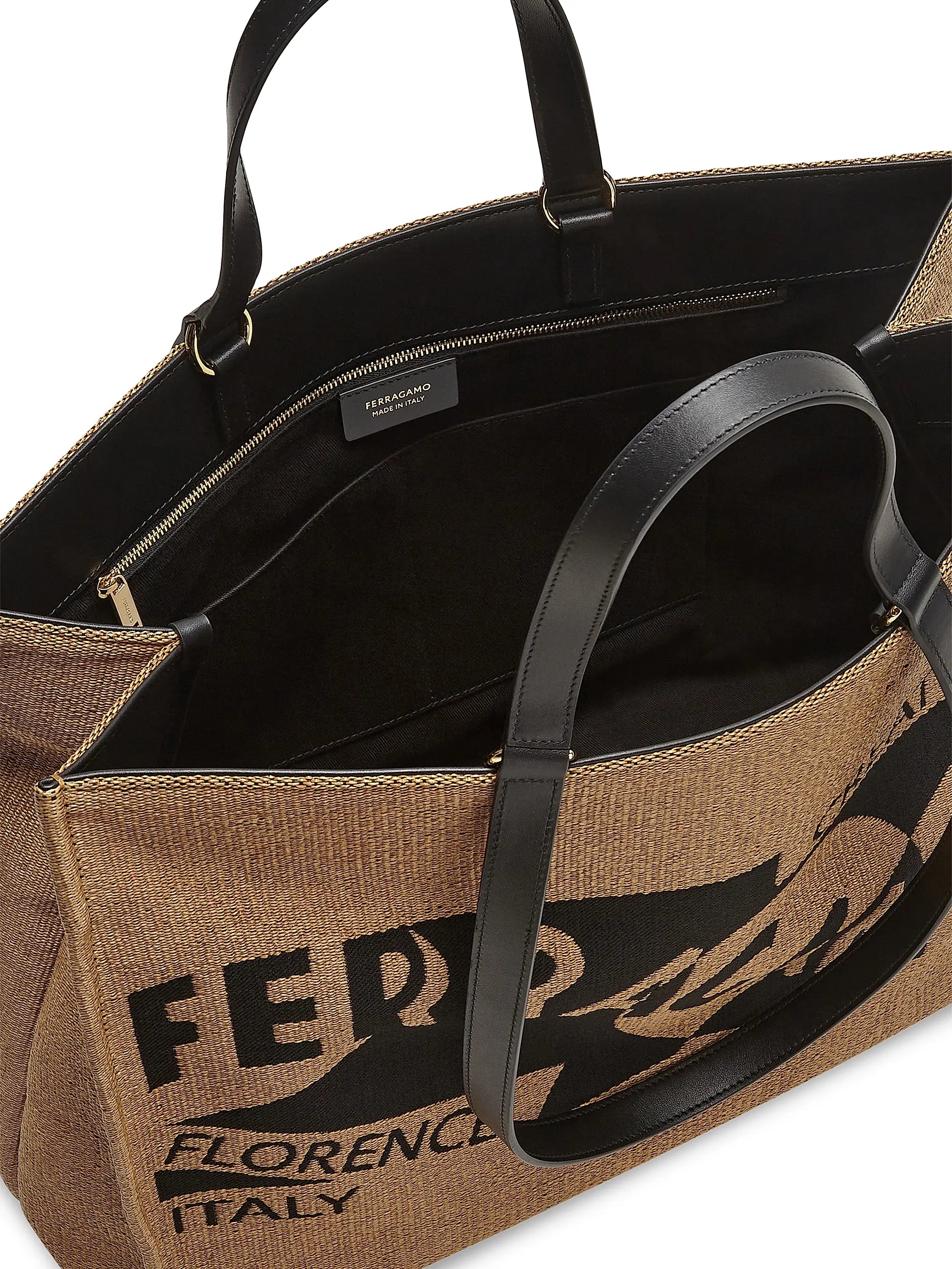 FERRAGAMO Large F. Signature Raffia & Leather Tote Bag