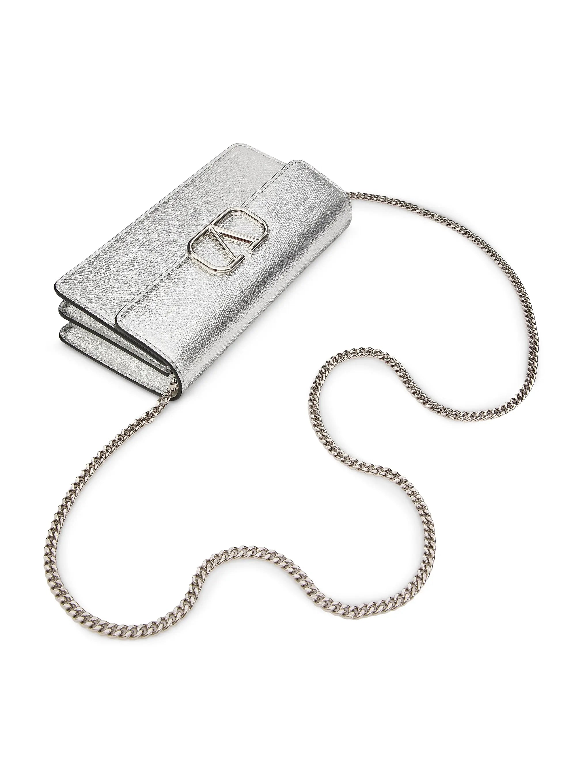 Valentino Garavani VLogo Signature Metallic Grainy Calfskin Wallet with Chain