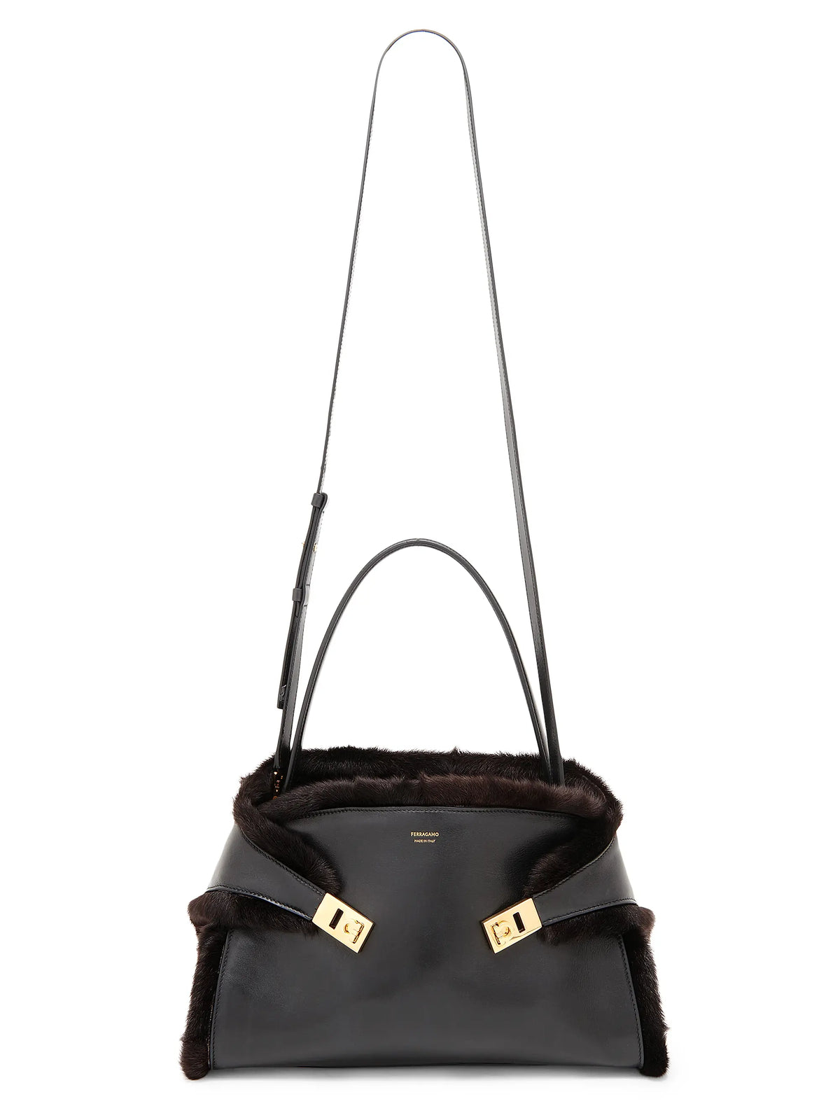 FERRAGAMO Medium Hug Leather & Shearling Tote Bag