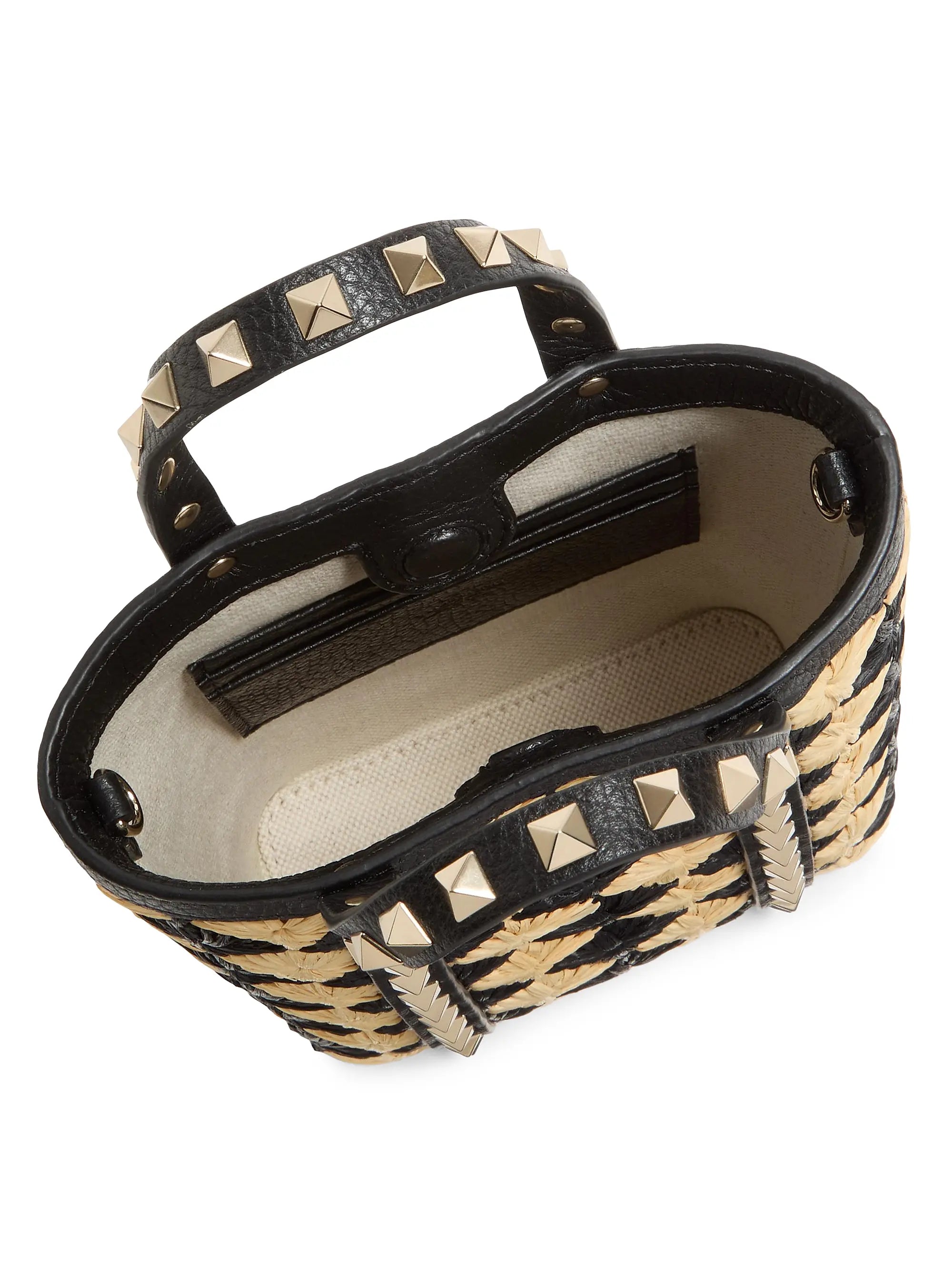 Valentino Garavani Mini Tote With Synthetic Raffia Embroidered Rockstud Chain