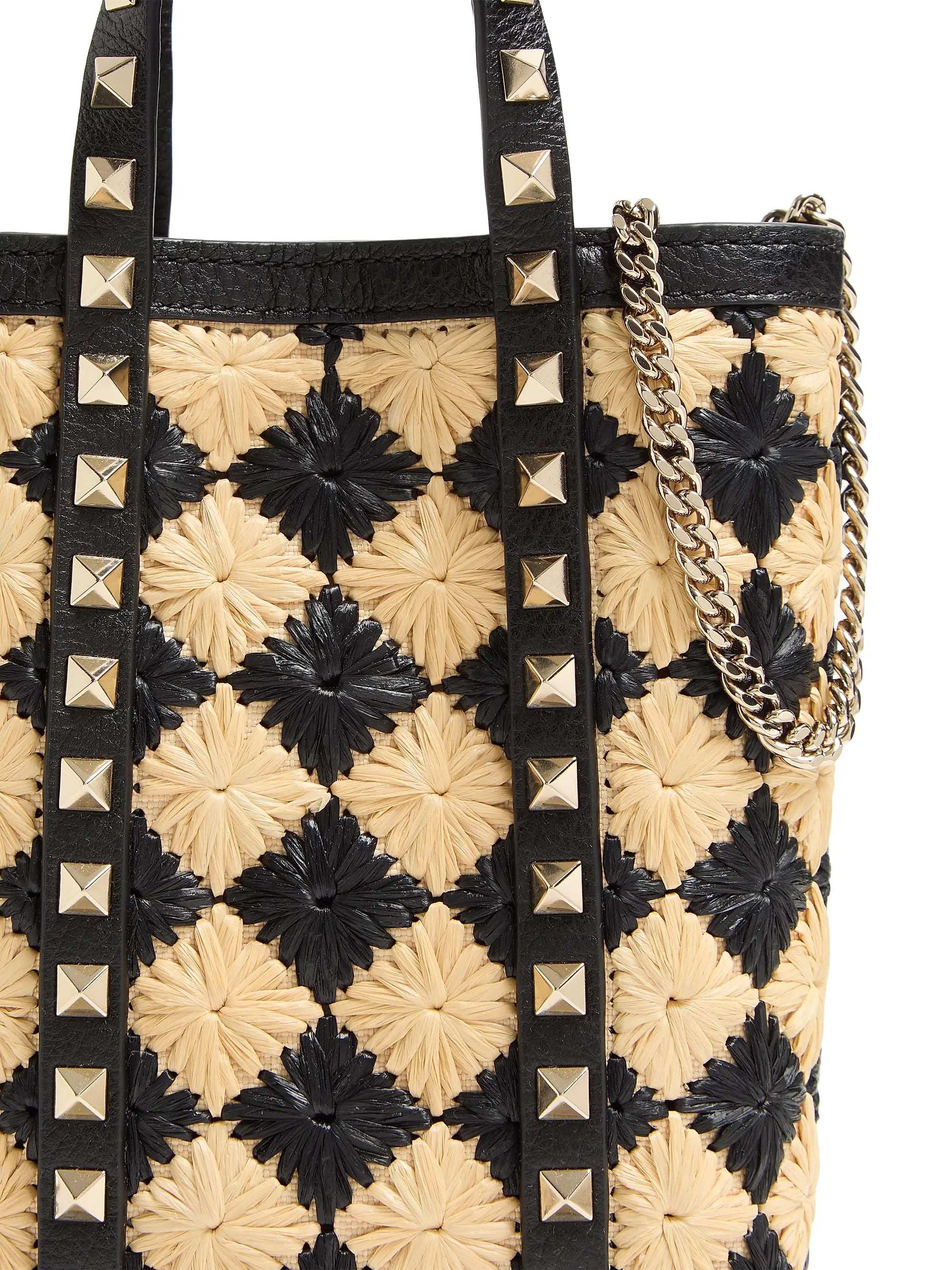 Valentino Garavani Mini Tote With Synthetic Raffia Embroidered Rockstud Chain