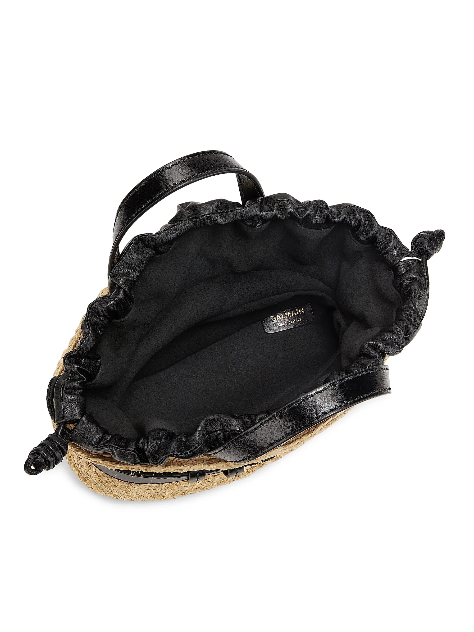 Balmain Mini Shuffle Raffia & Leather Top Handle Bag