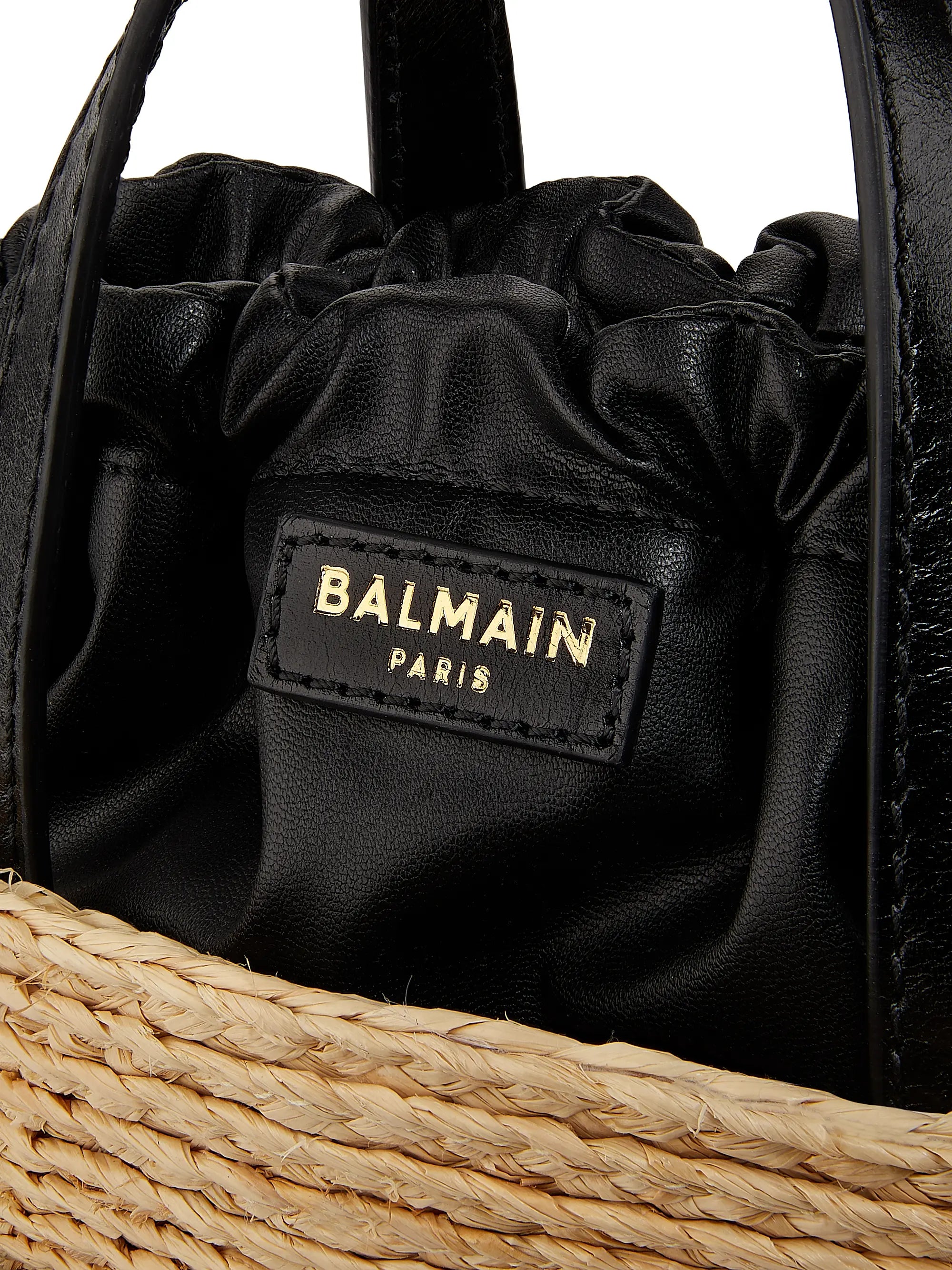 Balmain Mini Shuffle Raffia & Leather Top Handle Bag