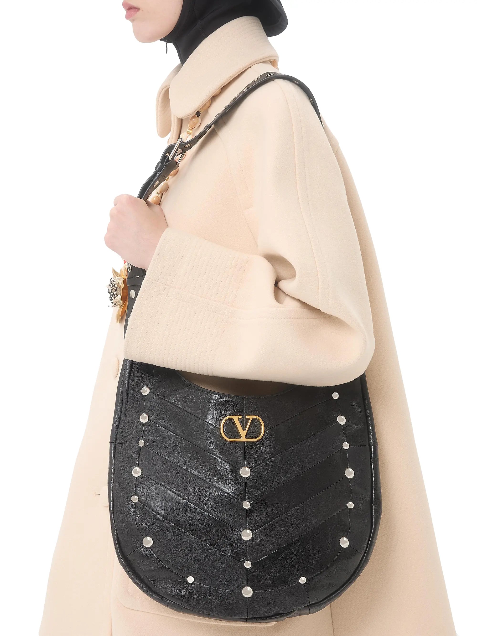 Valentino Garavani Hoboho Hobo Bag in Chevron Pattern Nappa Leather with Studs