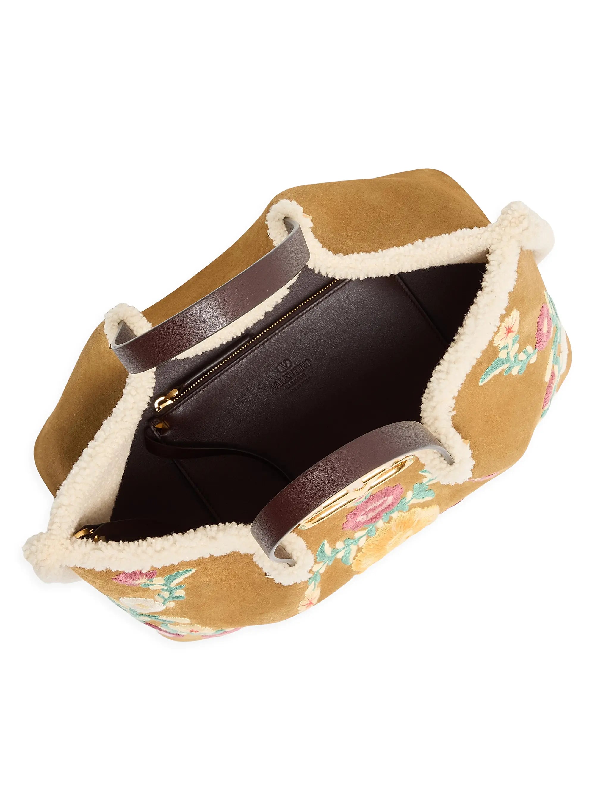 Valentino Garavani Medium Shopping Bag in Embroidered Suede with Sheepskin Lining
