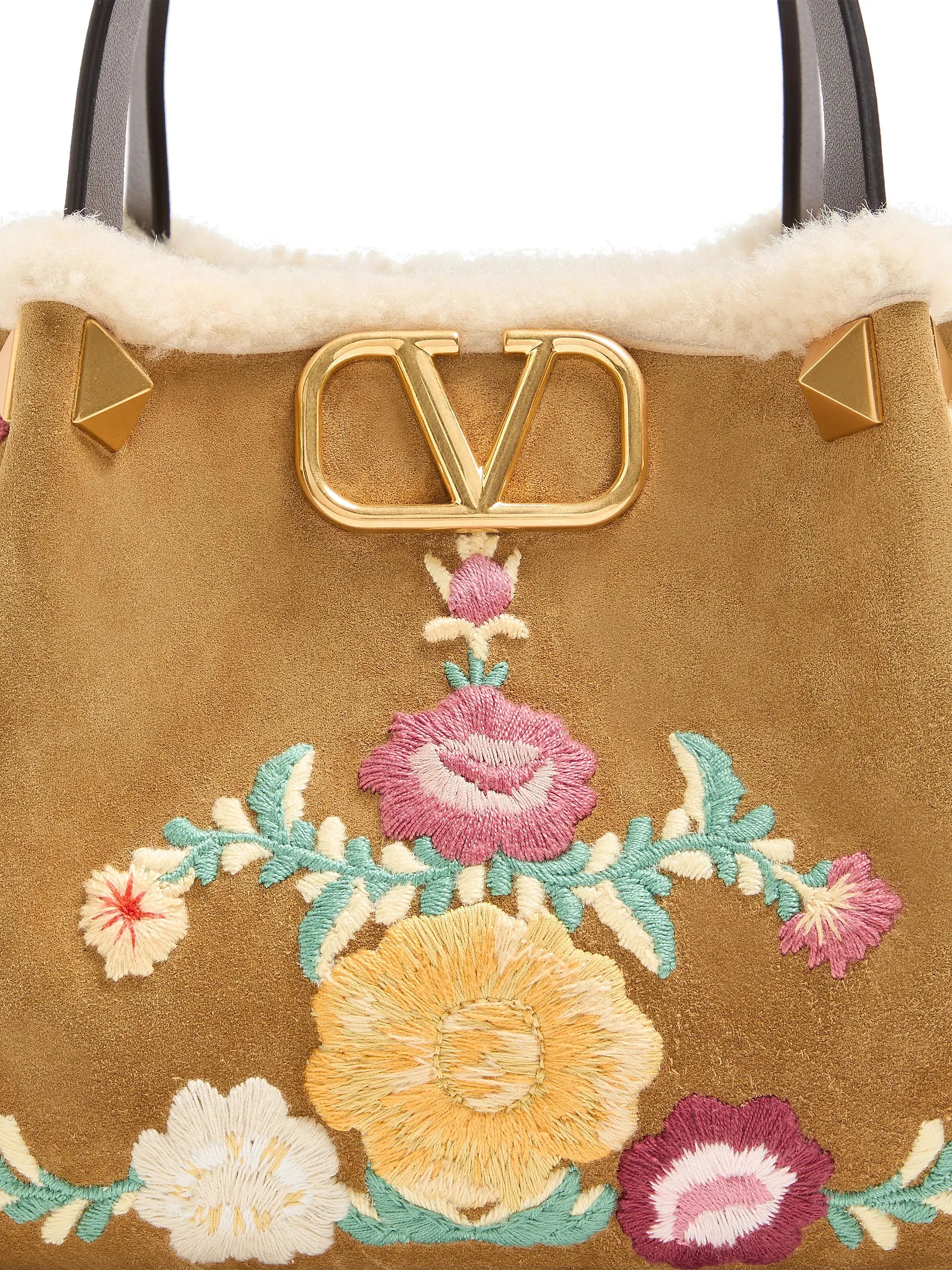 Valentino Garavani Small Top Handle Bag in Embroidered Suede with Sheepskin Lining