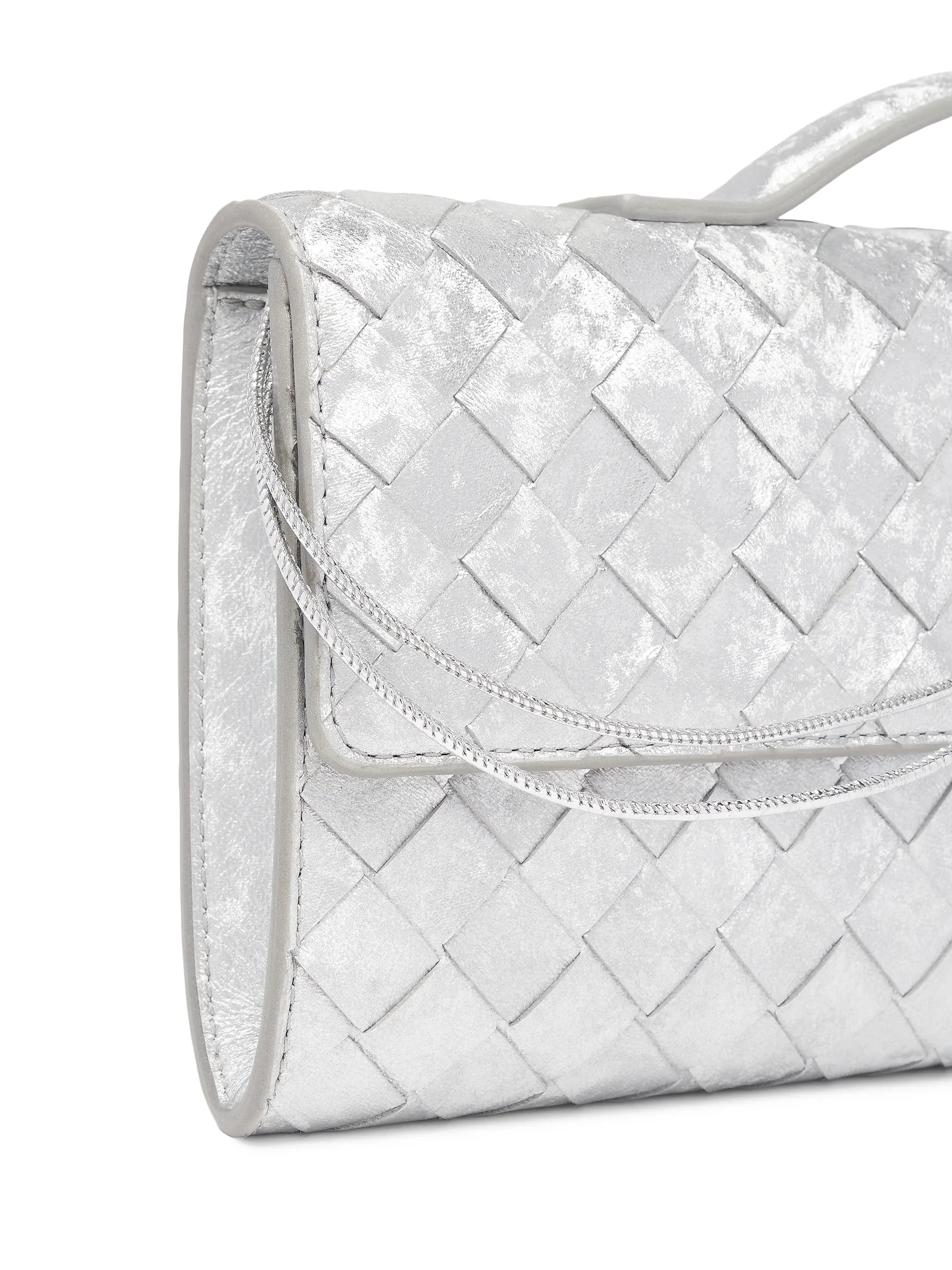 Bottega Veneta Andiamo Intrecciato Metallic Satin Leather Top-Handle Clutch