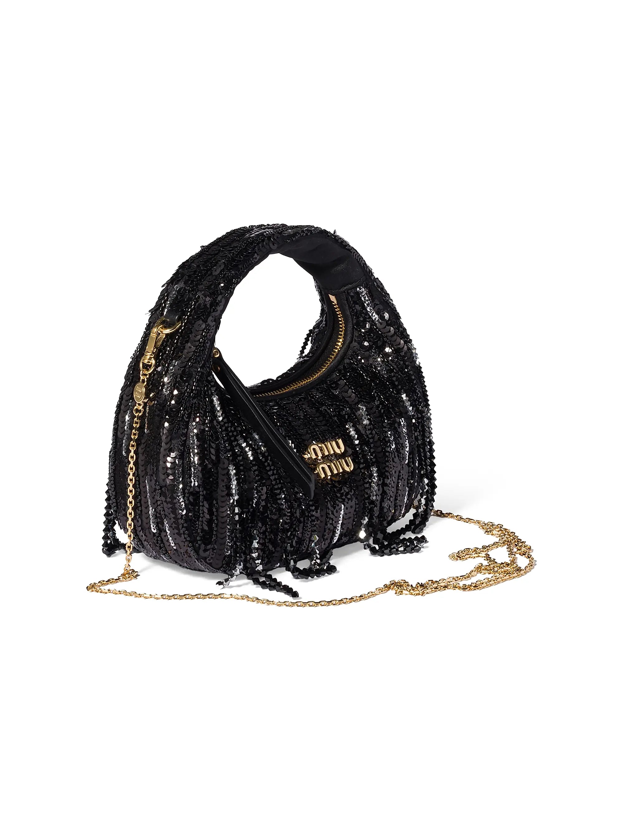 Miu Miu Wander Satin Mini-Bag with Crystal and Sequin Fringe