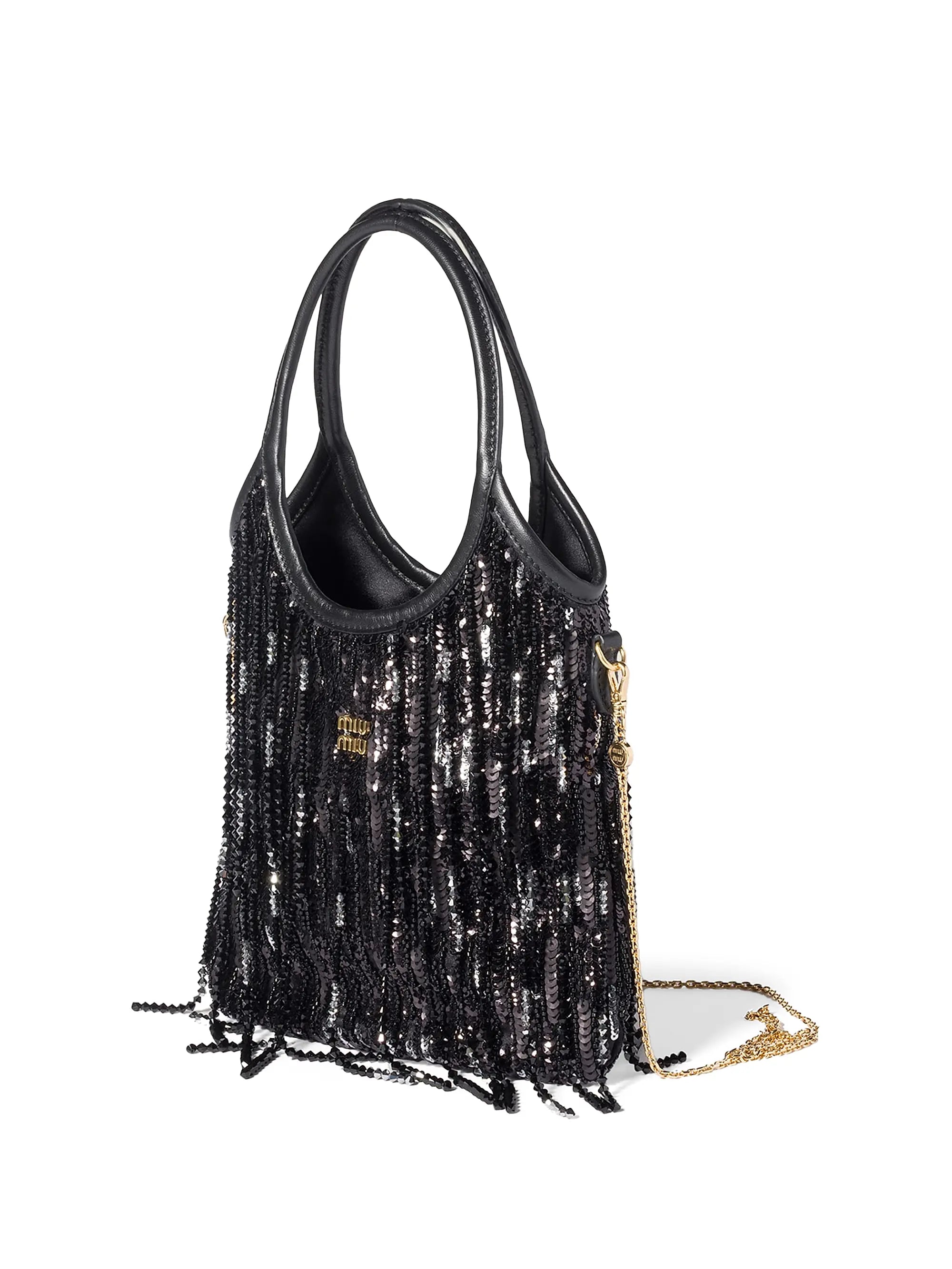 Miu Miu Ivy Satin Top Handle Handbag with Crystal and Sequin Fringe