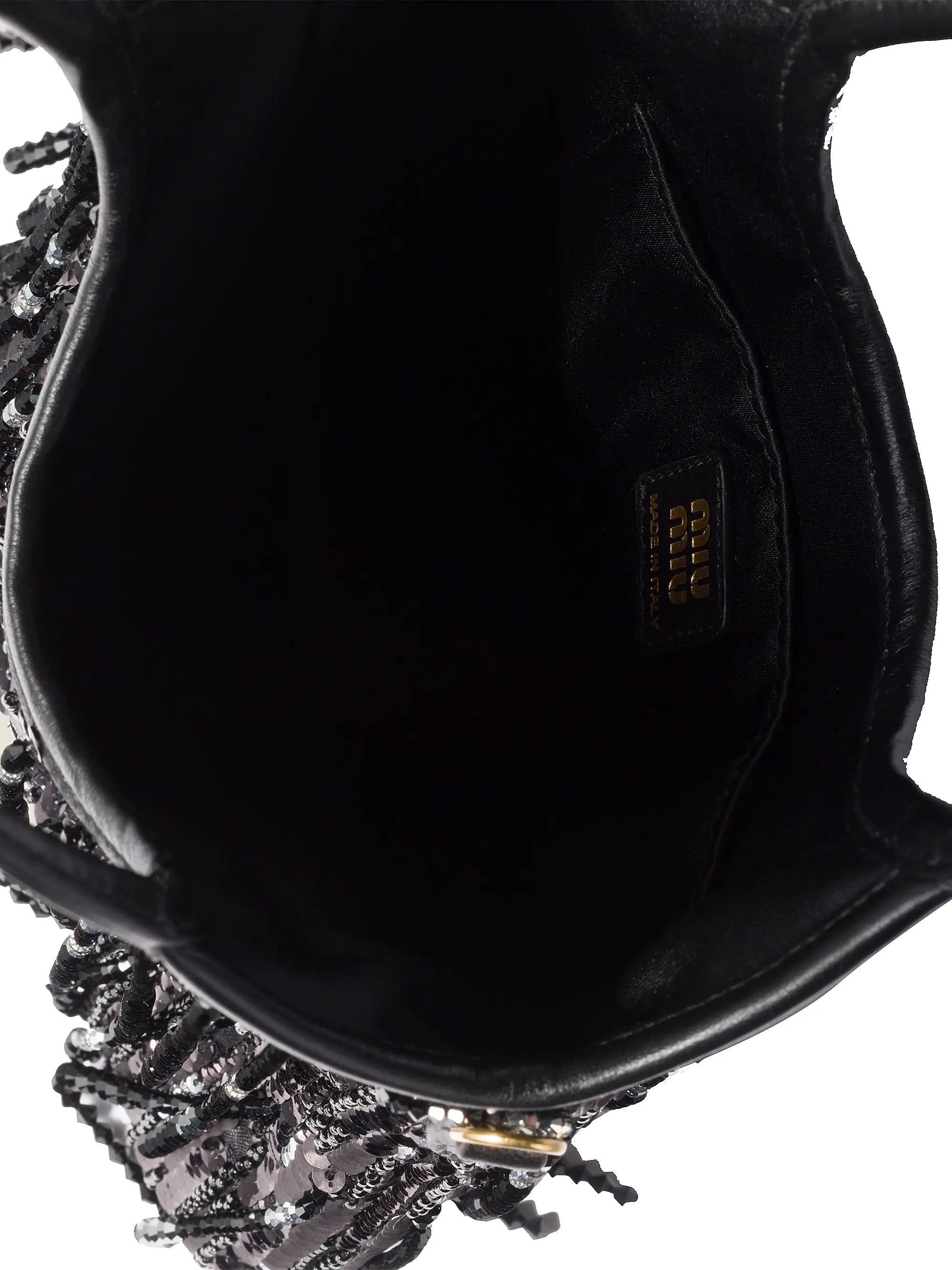 Miu Miu Ivy Satin Top Handle Handbag with Crystal and Sequin Fringe