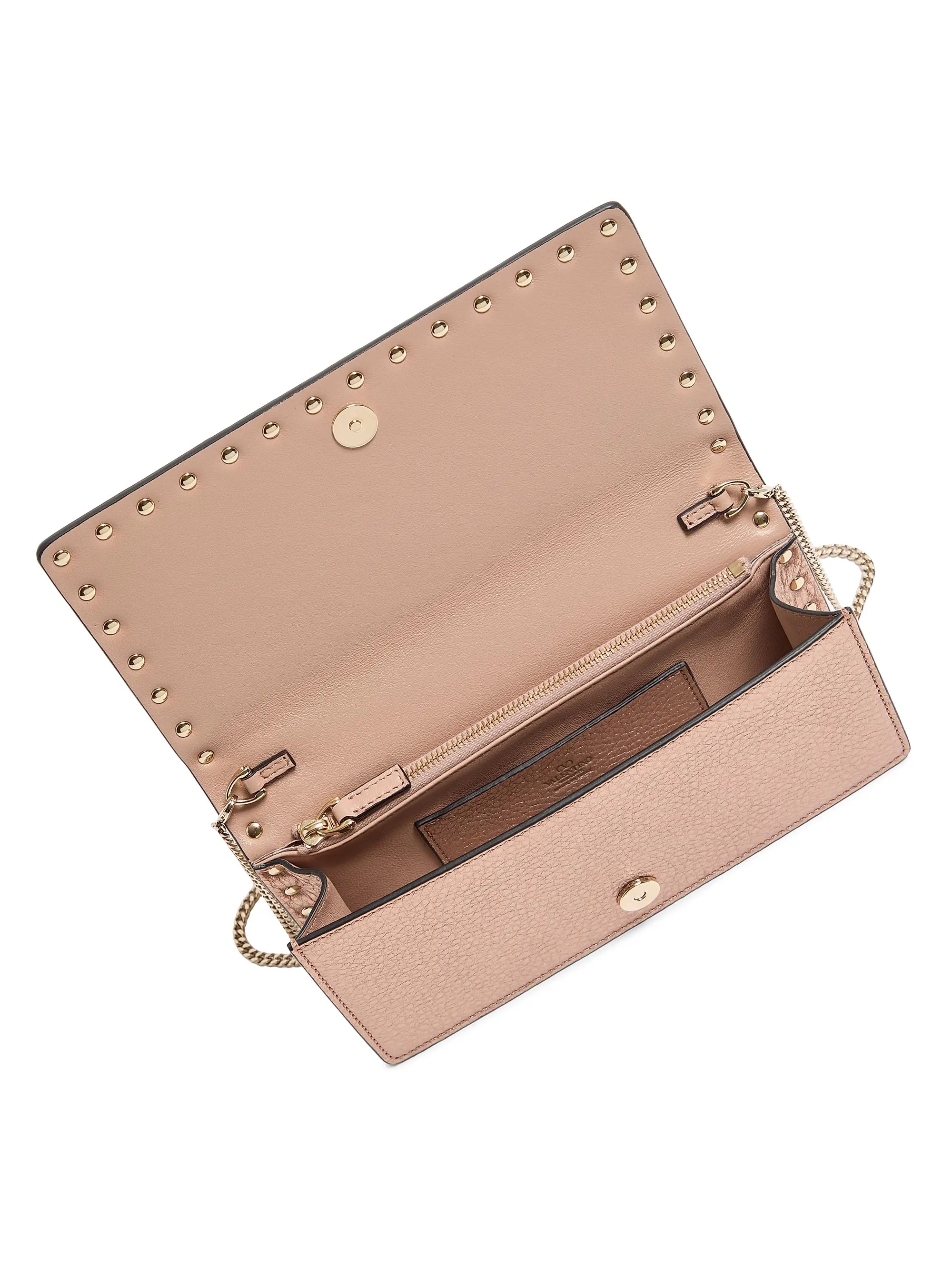Valentino Garavani Rockstud Laminated Grainy Calfskin Wallet with Chain