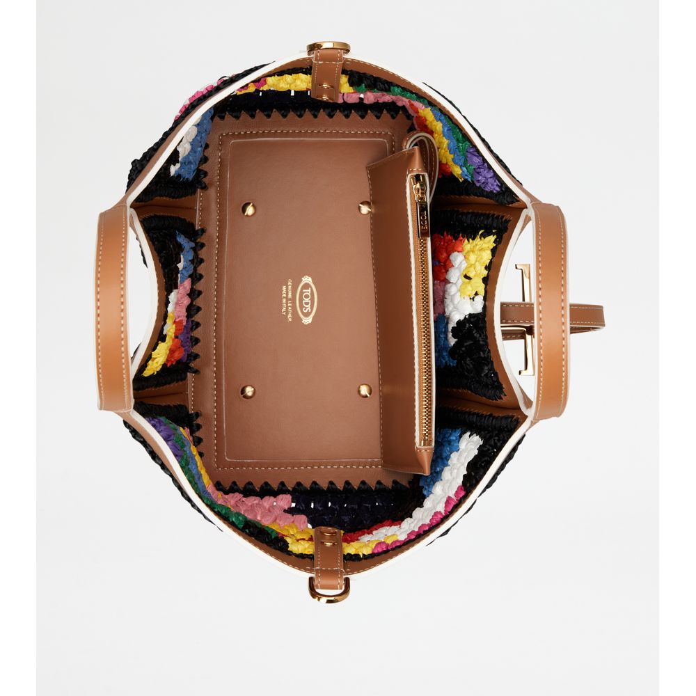 Tods T Timeless Shopping Bag In Leather And Raffia Mini Brown Black Light Blue