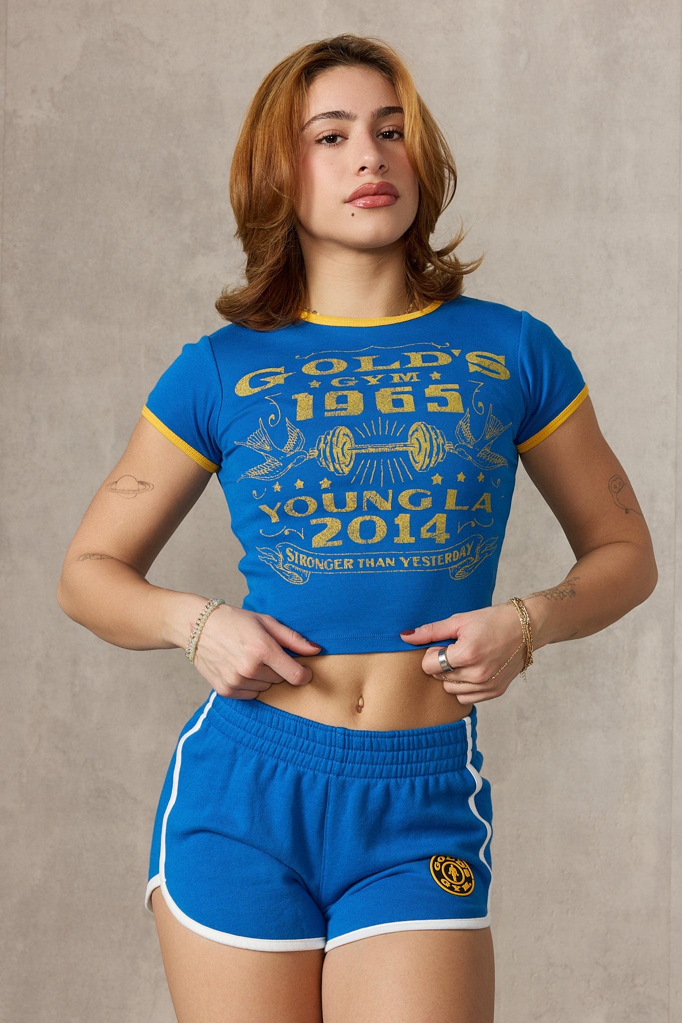YoungLA W471 Gold's Gym Ringer Baby Tee Blue