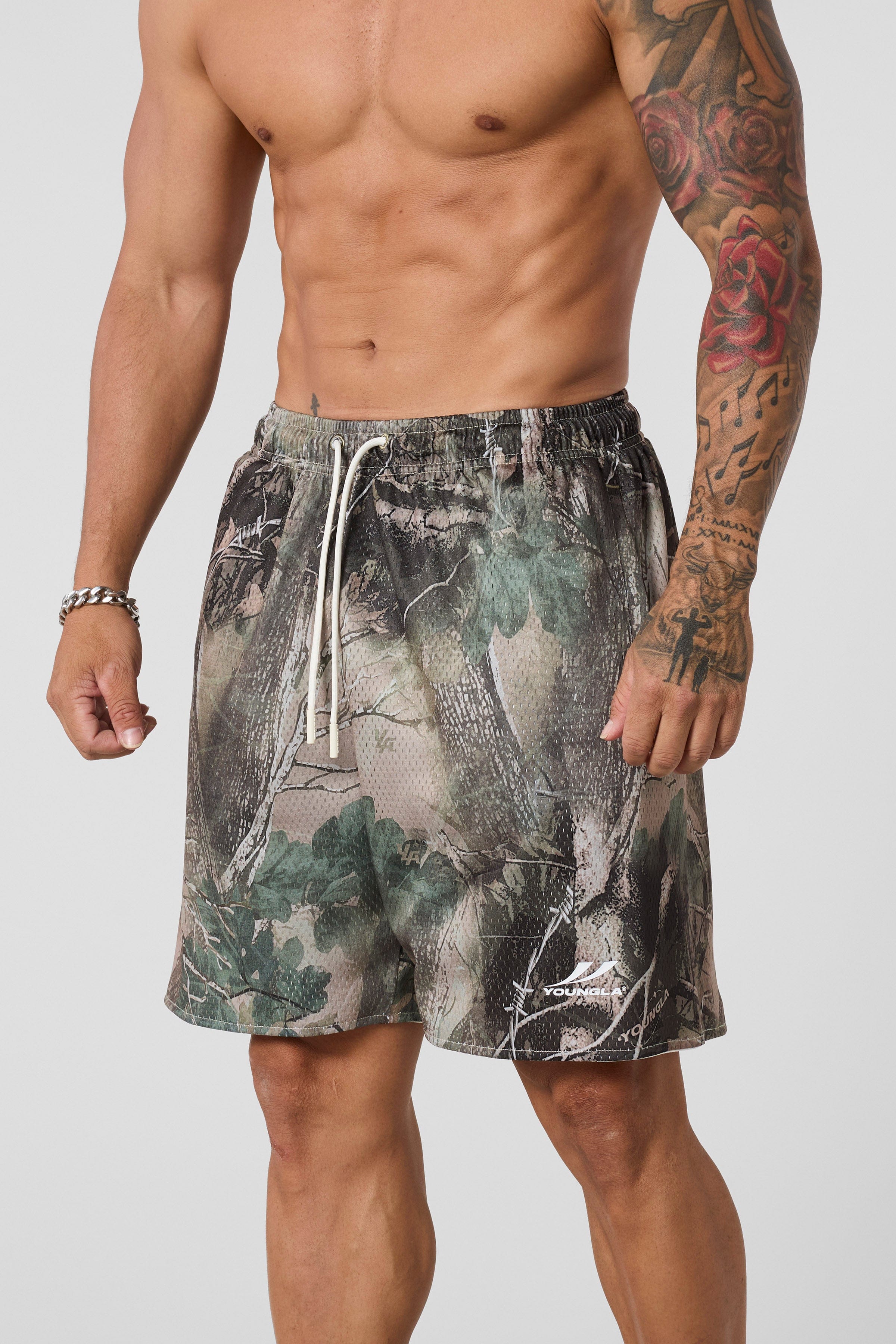 YoungLA 1035 - Baggy Basketball Shorts Beige Tree Camo