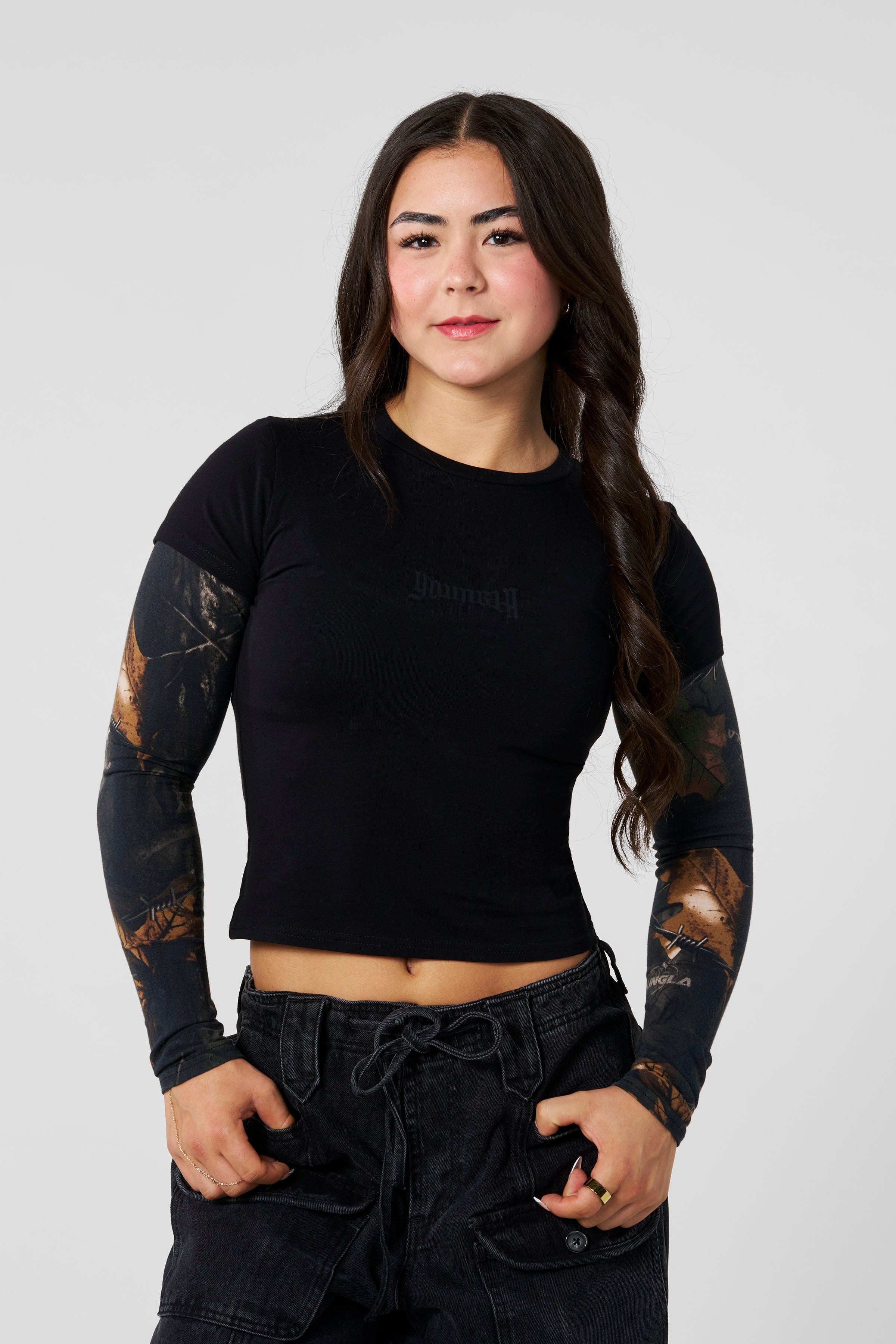 YoungLA W4293 - Camo Twofer Baby Tee Black Barbed Wire Camo