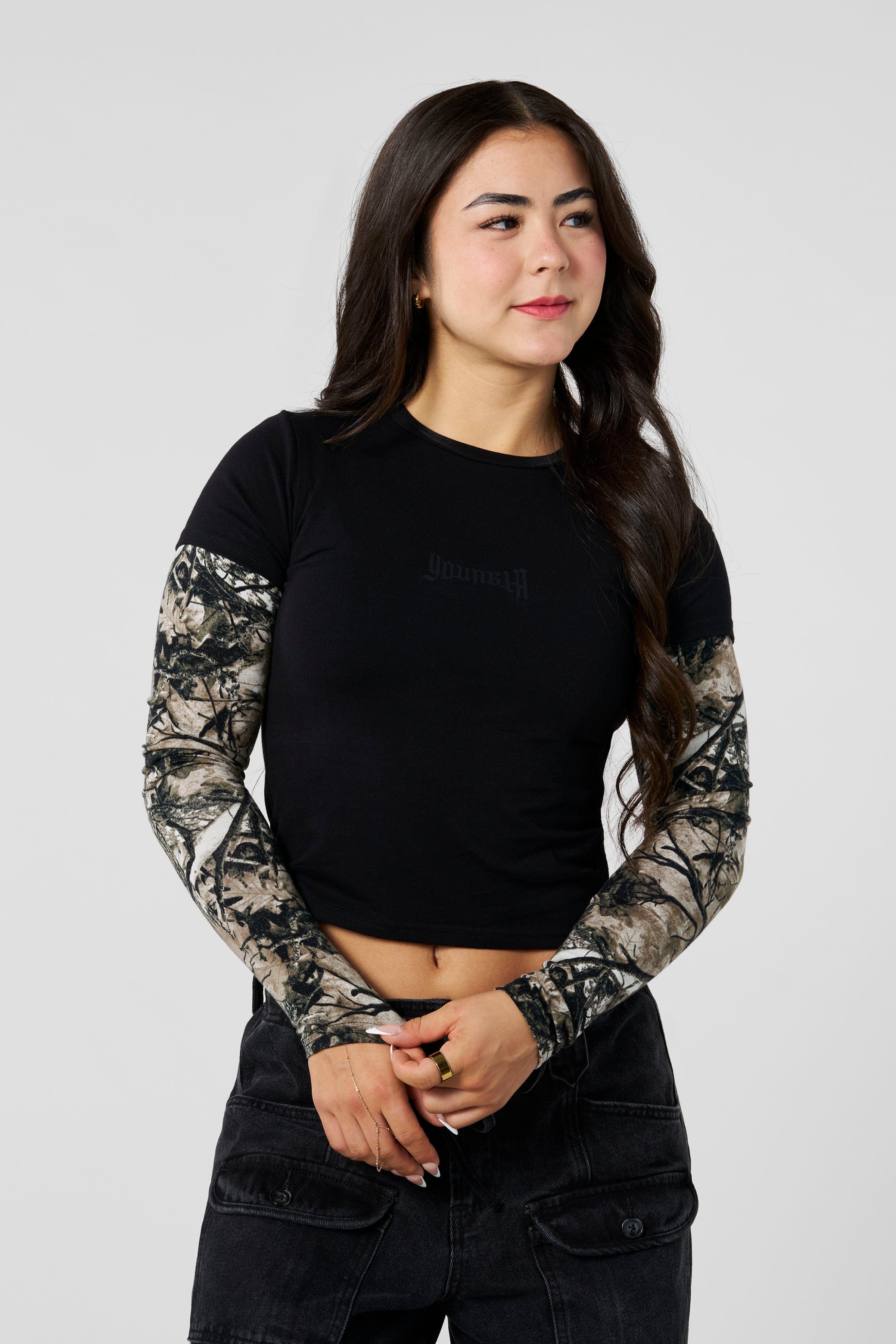 YoungLA W4293 - Camo Twofer Baby Tee Green Real Tree Camo