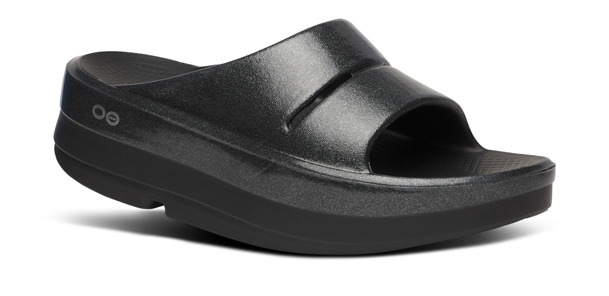 Oofos Women's Stacked Platform Slide Black Sparkle