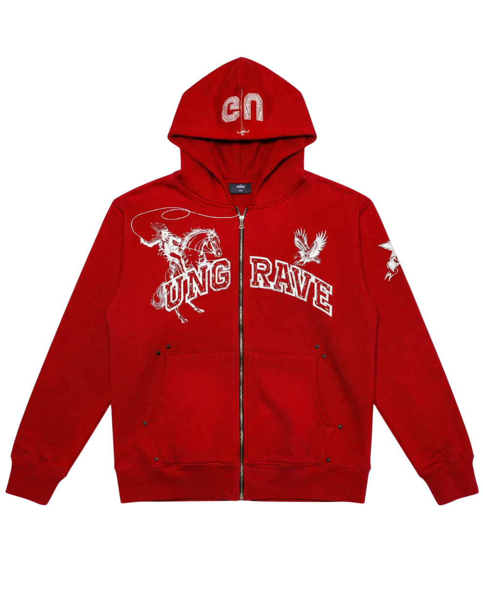 RED GRUNGE ZIPPER HOODIE