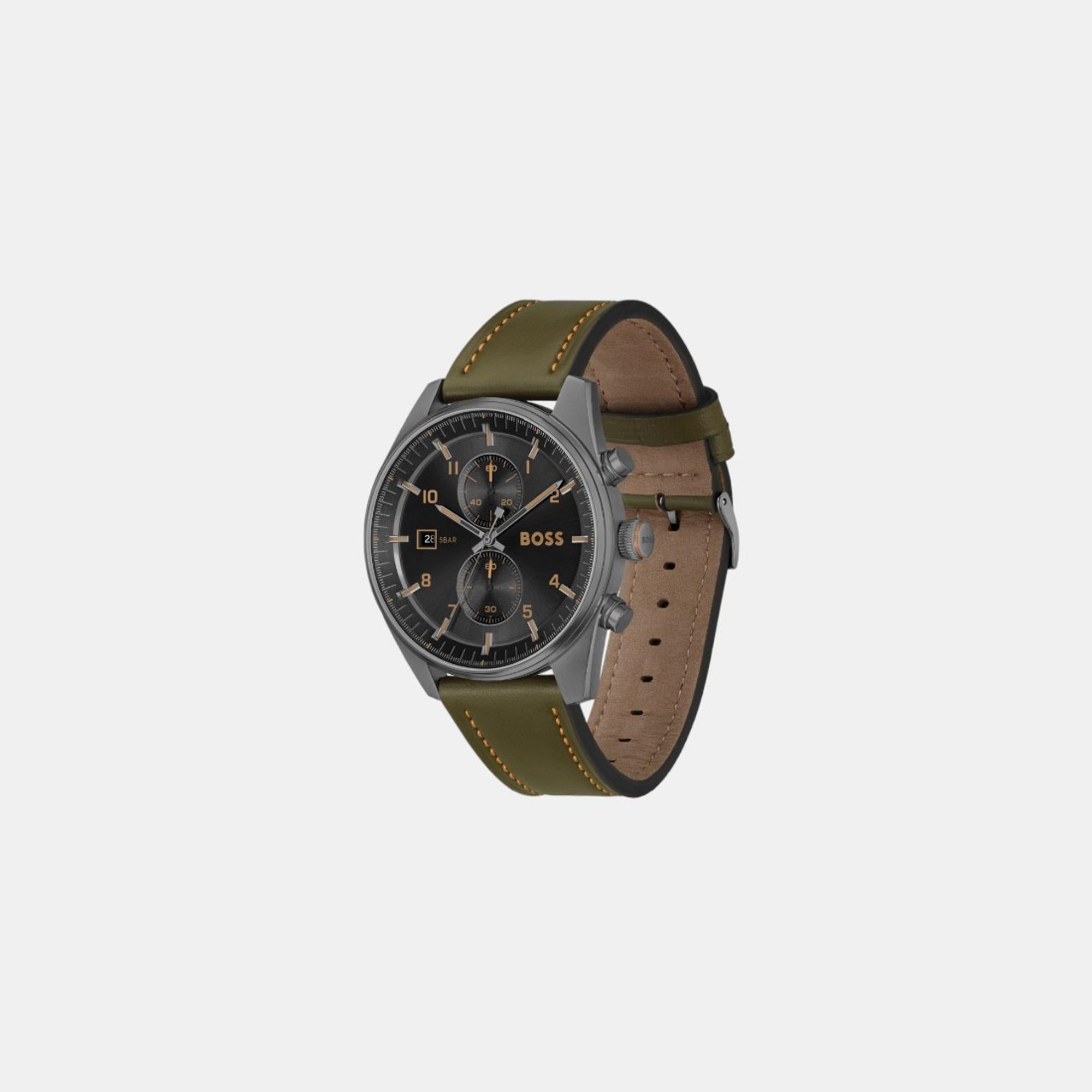 Boss Skytraveller Men Quartz Black Dial Chronograph Leather Watch 1514148