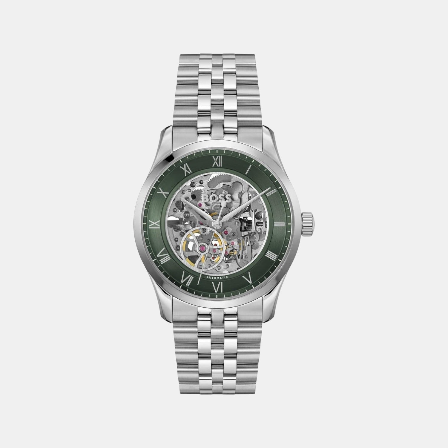 Boss Principle Skeleton Men Automatic Green Dial Analog Stainless Steel Watch 1514236