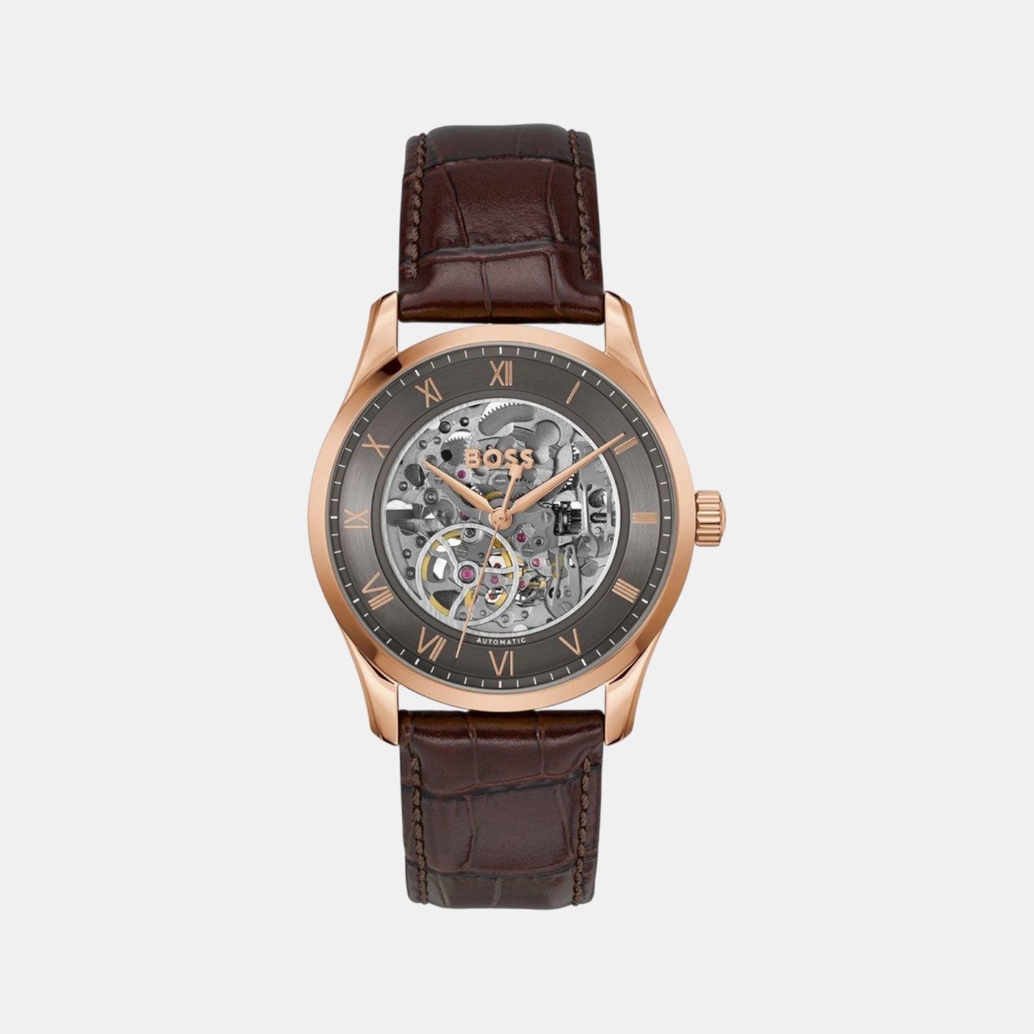 Boss Principle Skeleton Men Automatic Grey Dial Analog Leather Watch 1514253