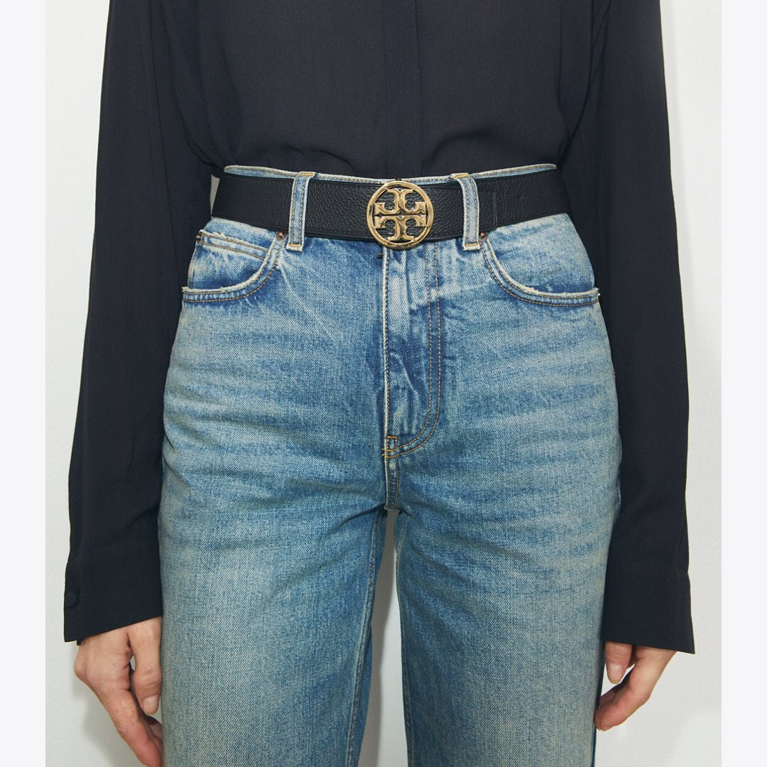 Tory Burch 1.5" Miller Reversible Belt Black / Classic Cuoio / Silver