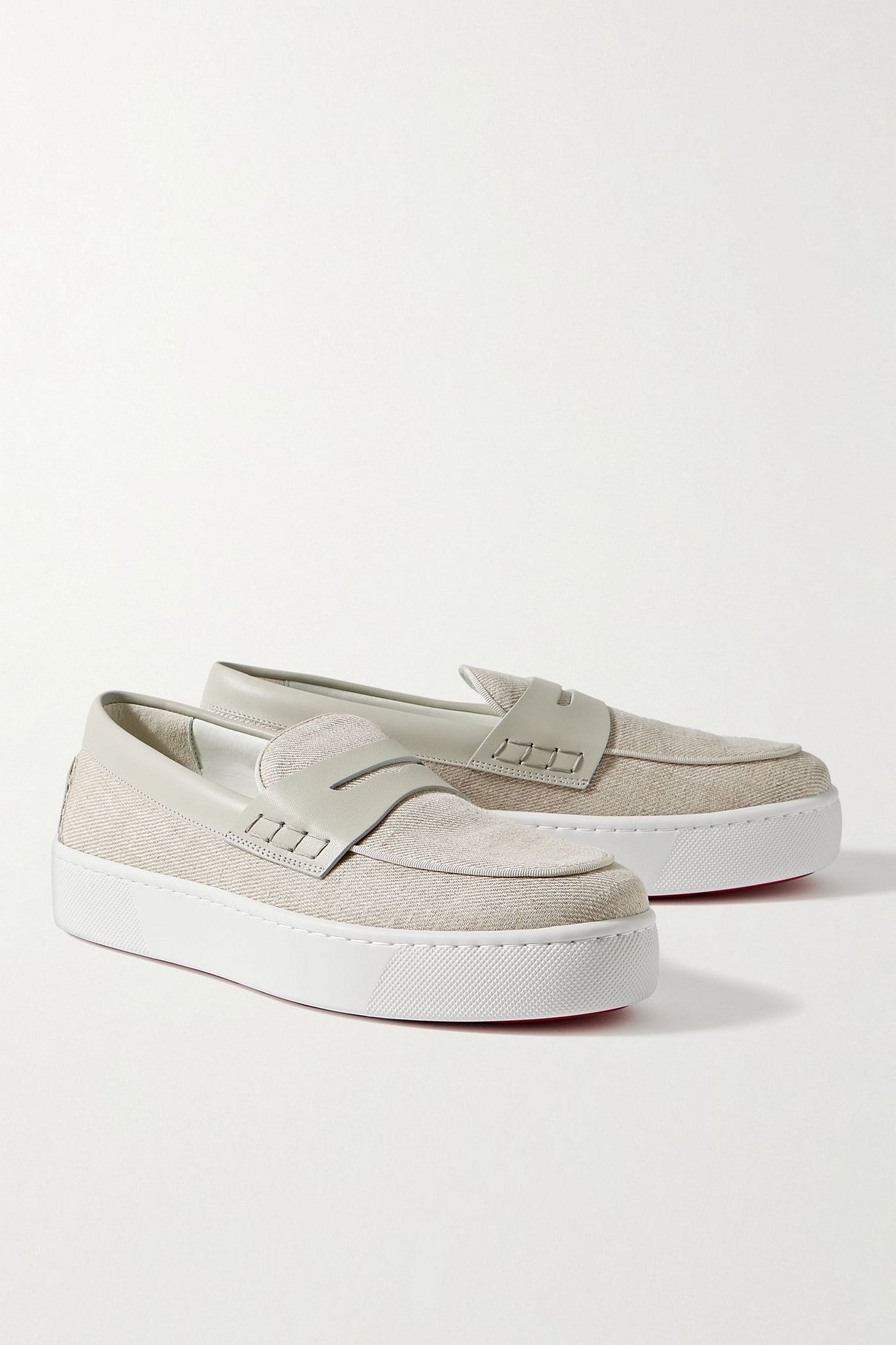 Christian Louboutin PaqueboatLeather-Trimmed Linen-Canvas Penny Loafers Light Gray