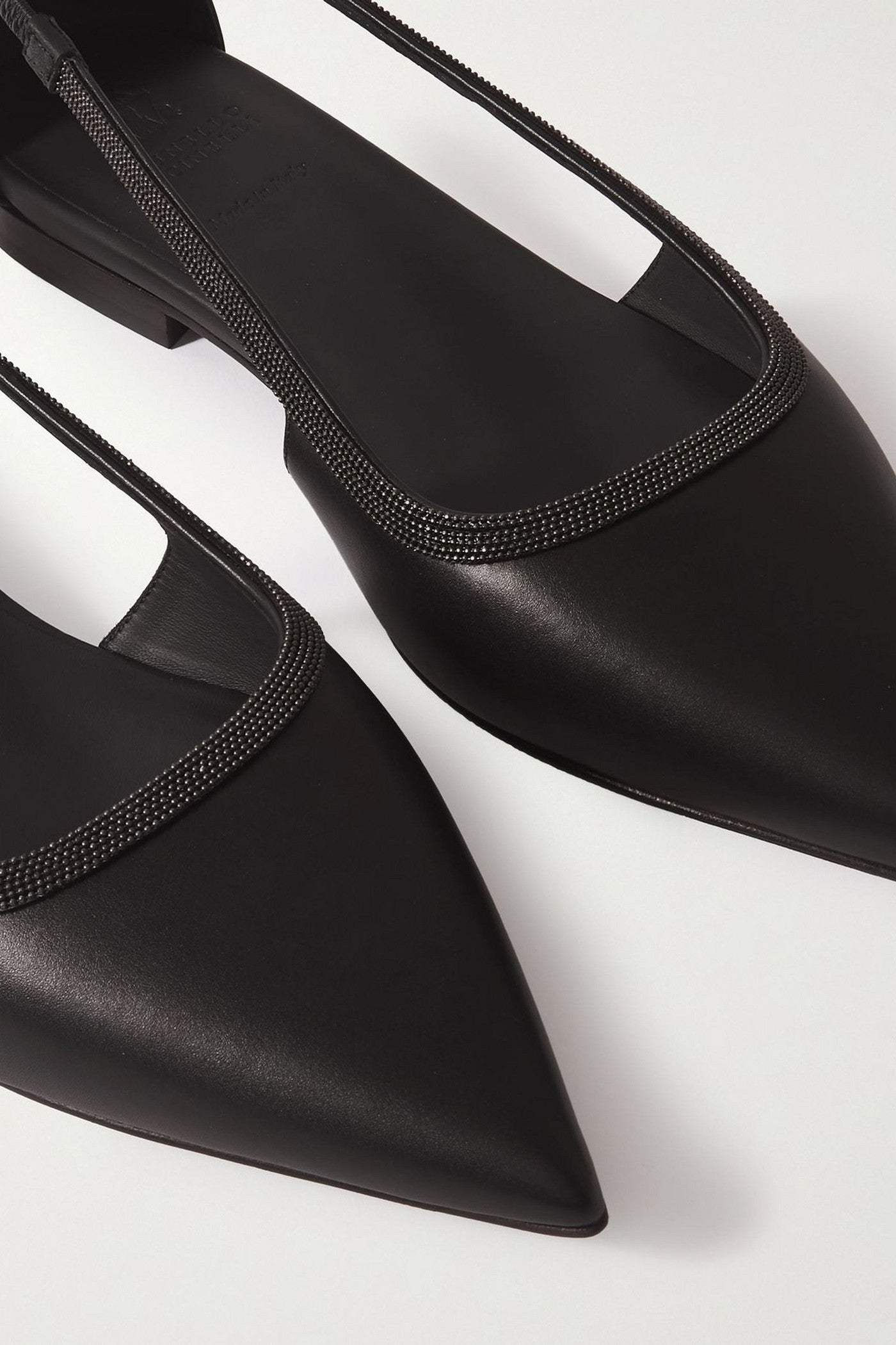 Brunello Cucinelli Bead-Embellished Leather Point-Toe Flats Black Women's