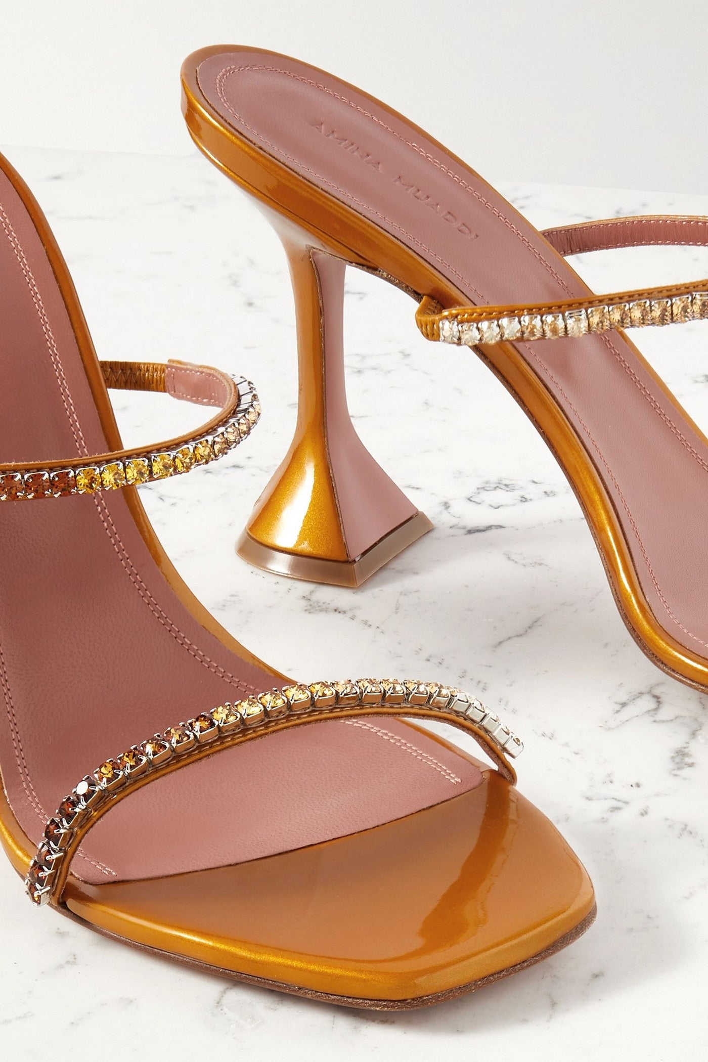Amina Muaddi Gilda Crystal-Embellished Patent-Leather Mules Tan Women's