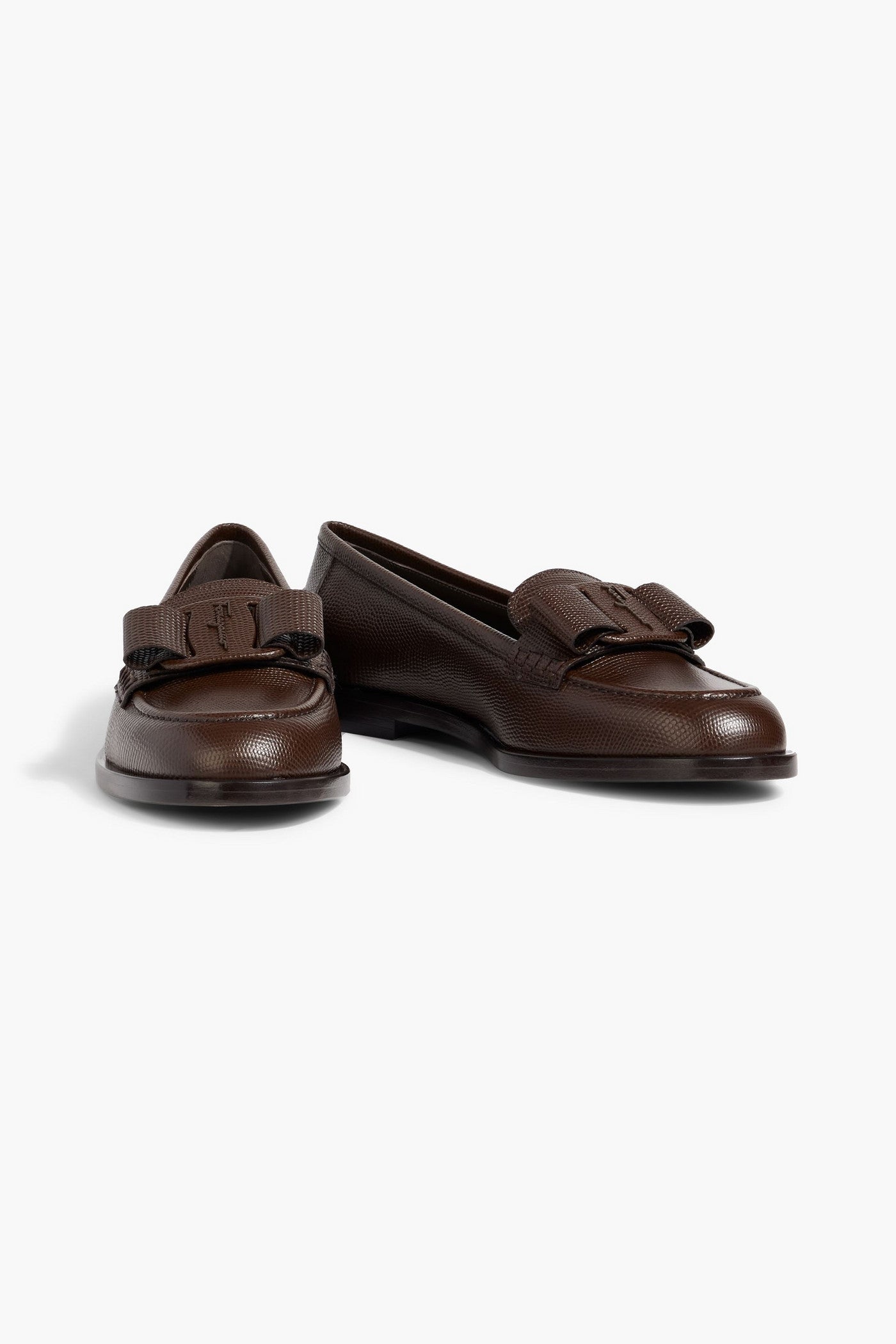 Ferragamo Vivaldo Bow-Detailed Lizard-Effect Leather Loafers Dark Brown Women's