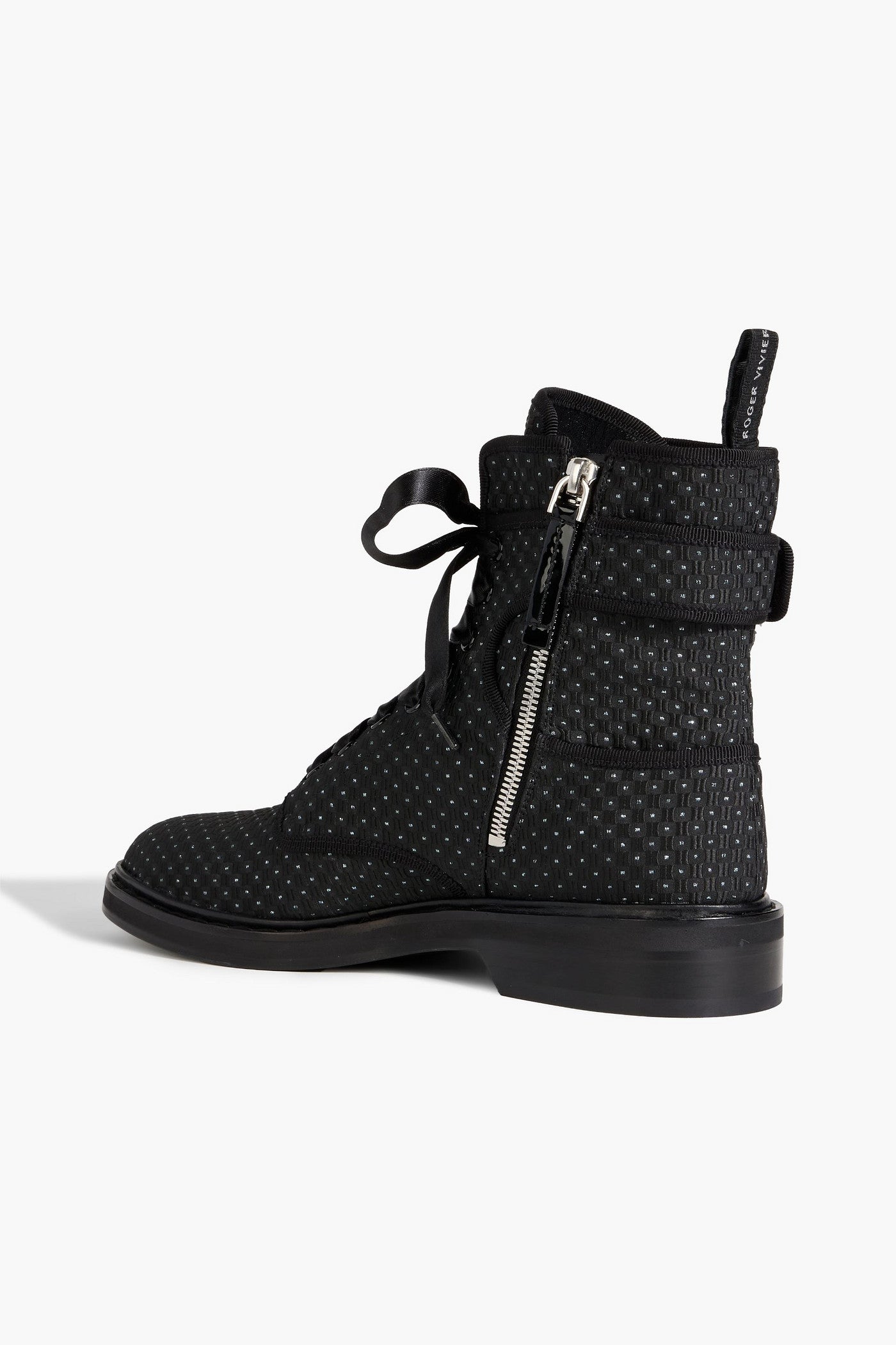 Roger Vivier Viv Buckled Metallic Jacquard Combat Boots Charcoal Women's