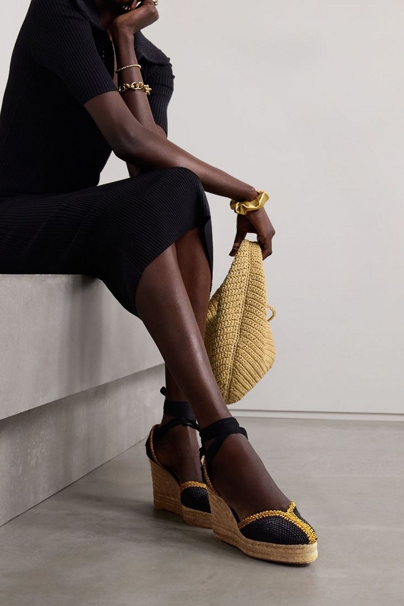 Castaer Couer 80 Lurex-Trimmed Canvas Wedge Espadrilles Black Women's