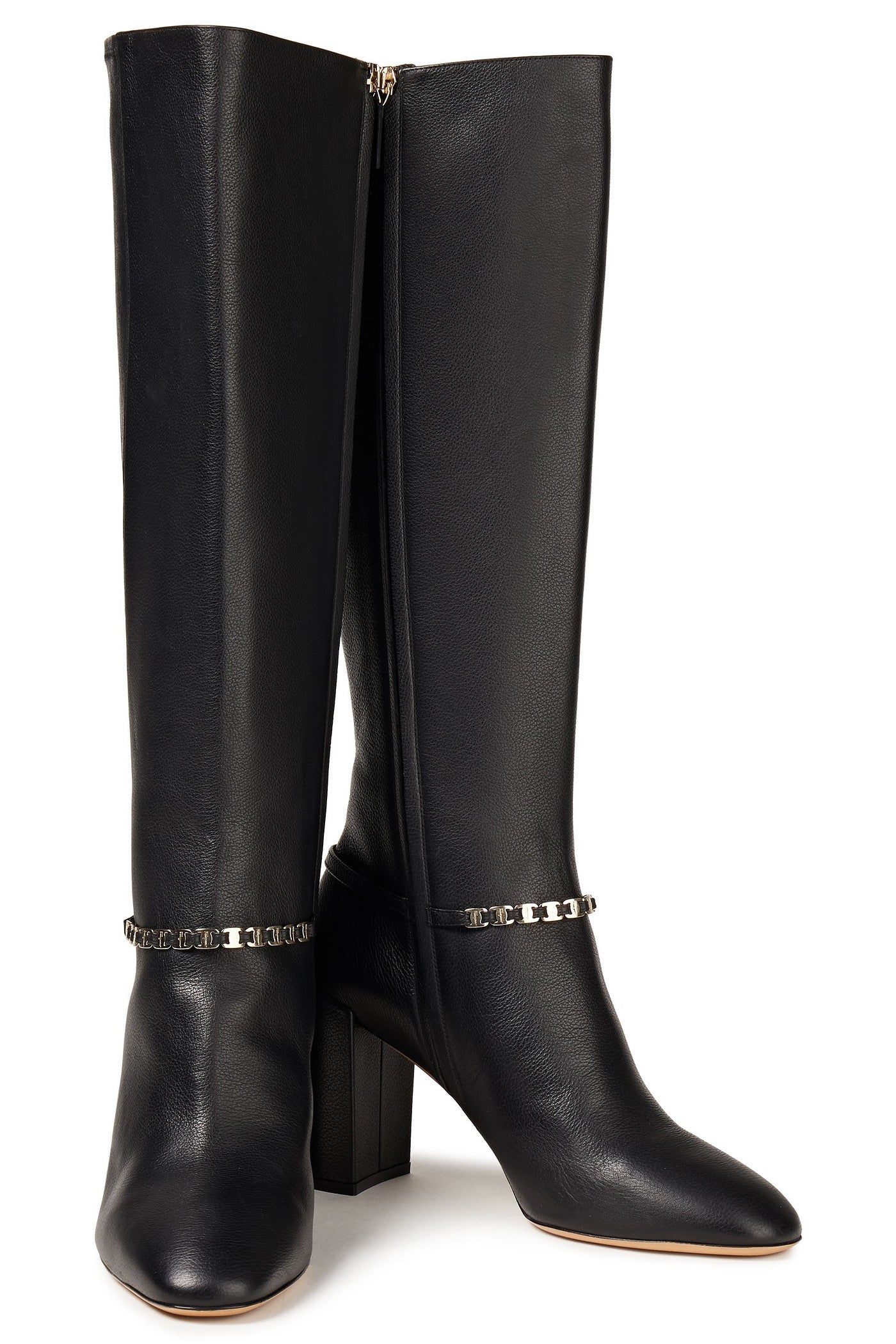 Ferragamo Triba 85 Chain-Trimmed Leather Knee Boots Black Women's