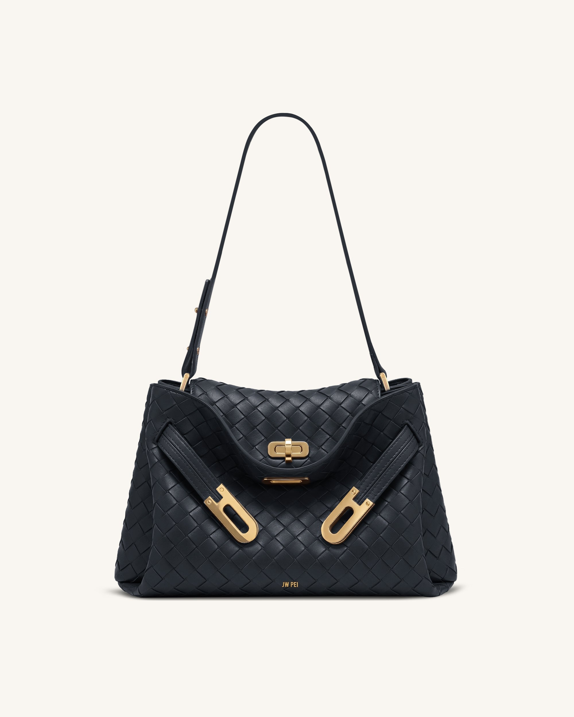 Jw Pei Rhea Woven Texture Double Buckle Shoulder Bag Navy Blue