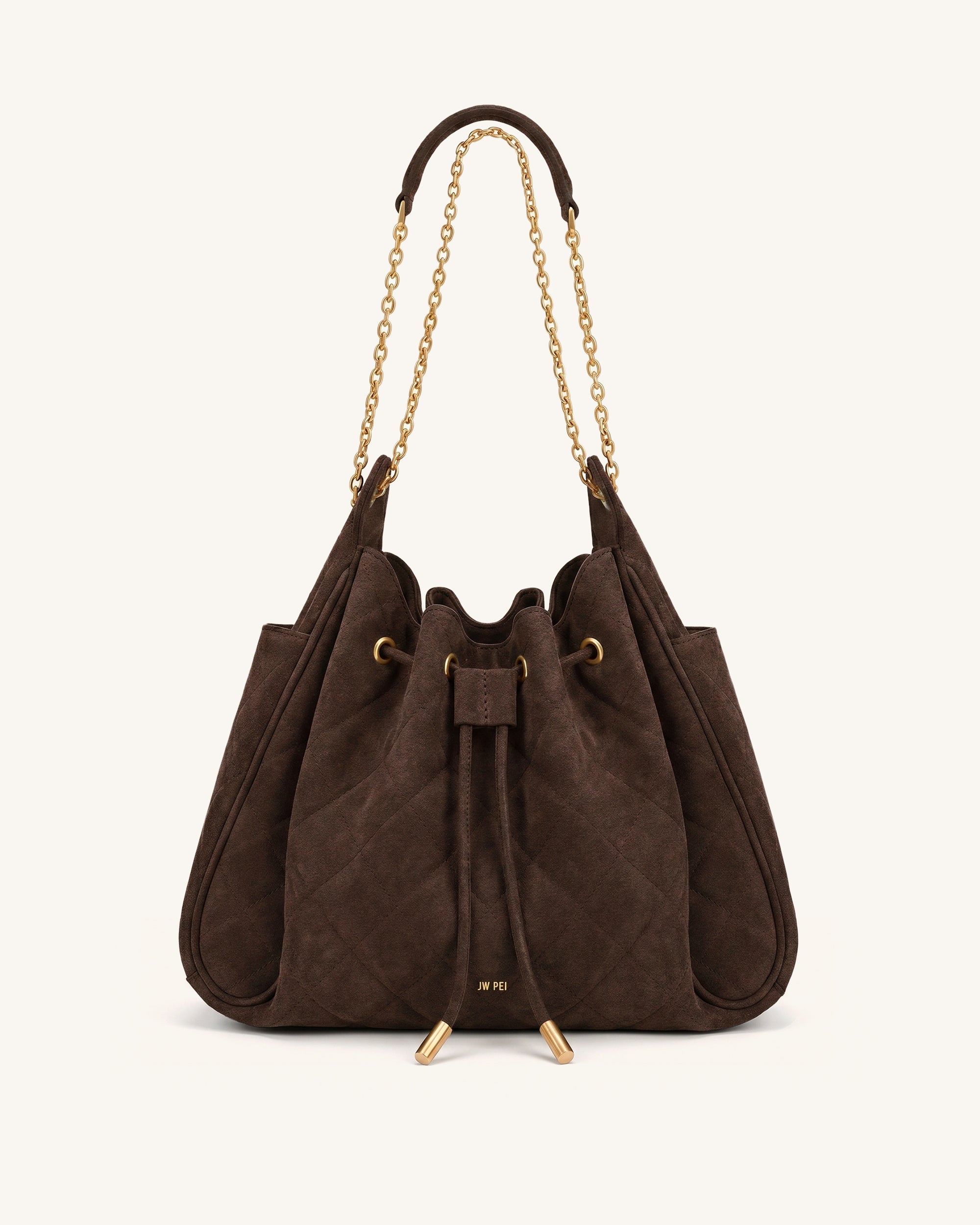 Jw Pei Rowan Faux Suede Quilted Chain Bucket Bag Dark Brown
