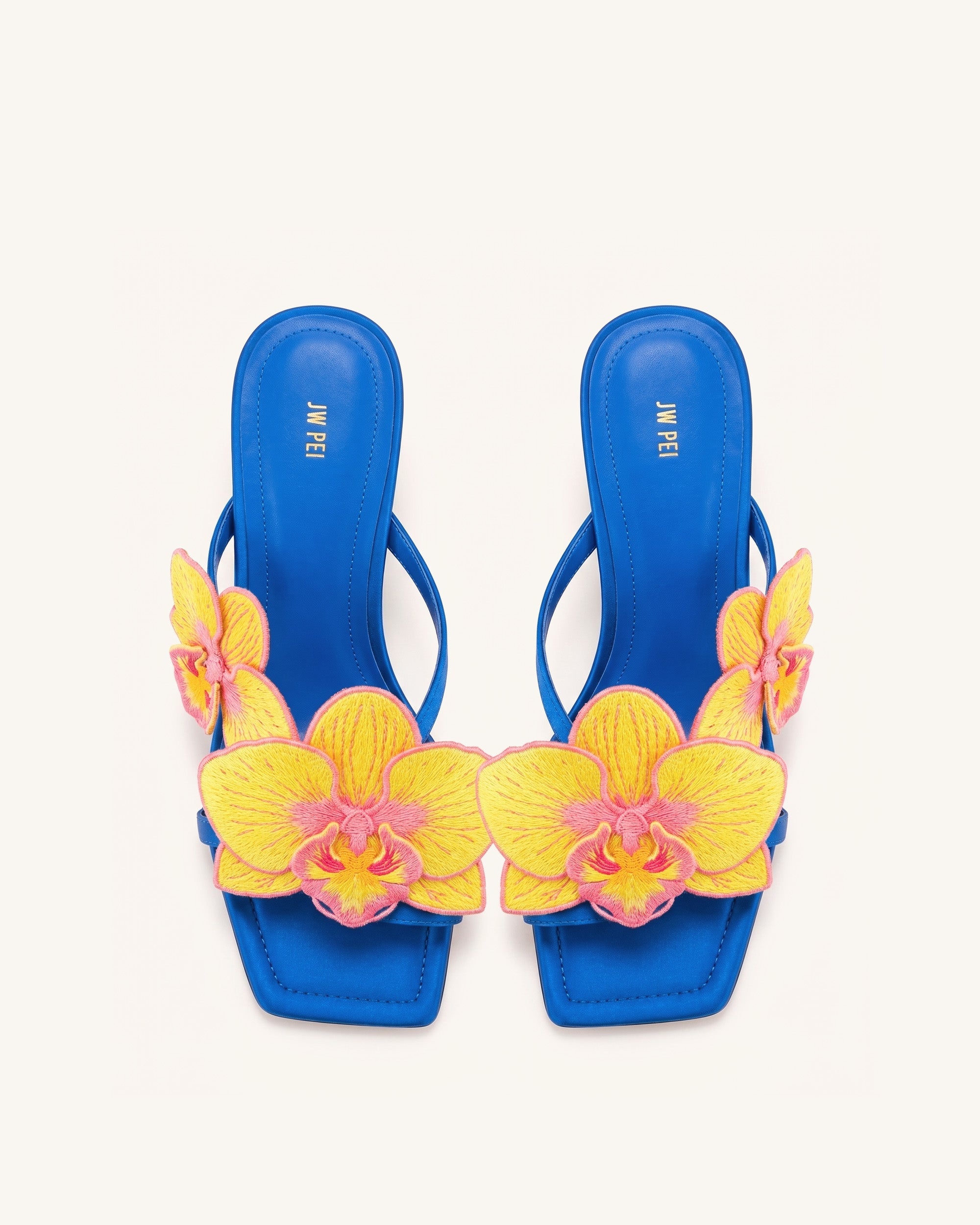 Jw Pei Serena Orchid Embroidered Toe Ring Heeled Sandals Royal Blue