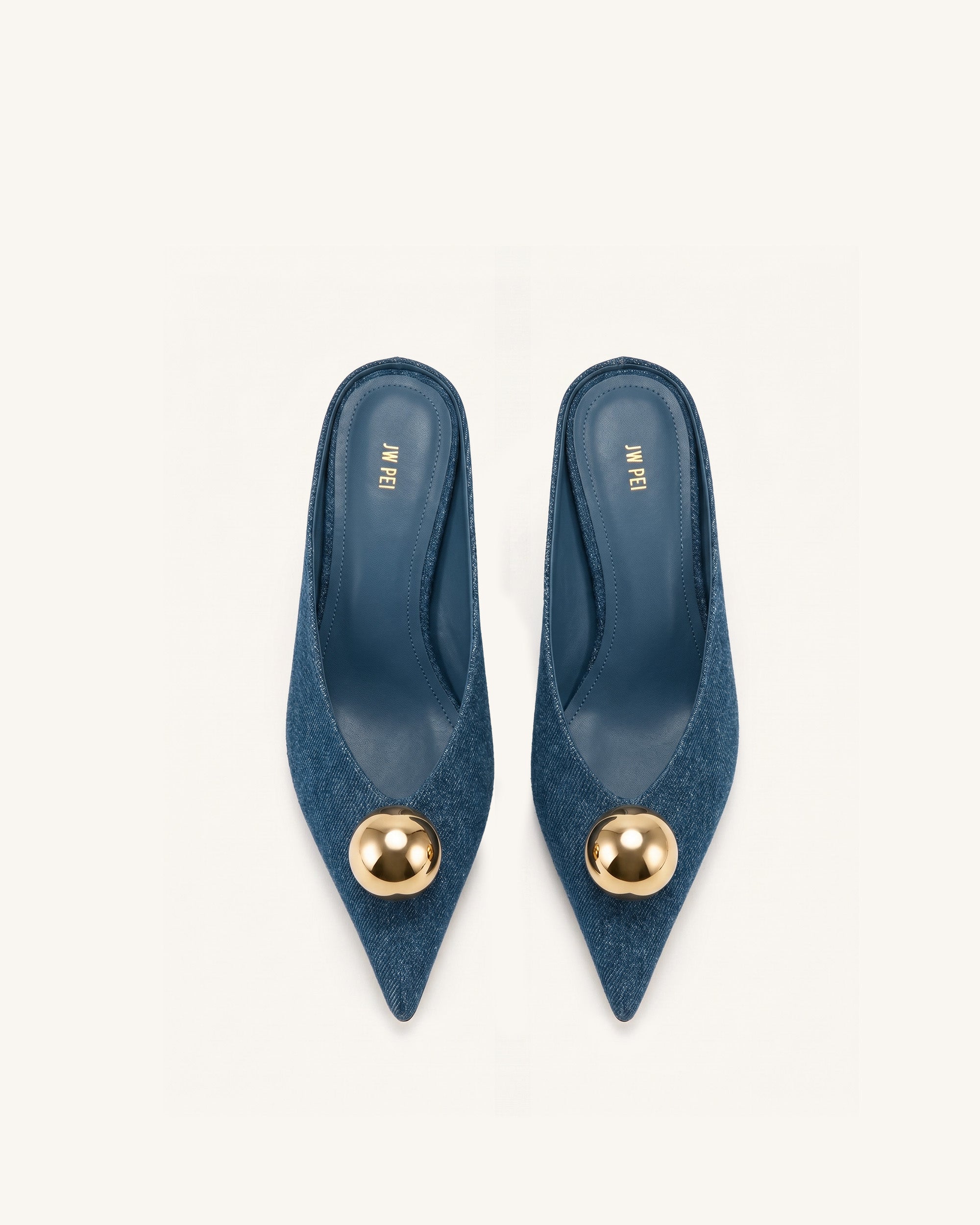 Jw Pei Helena Gold Sphere Pointed Toe Mules Denim Blue