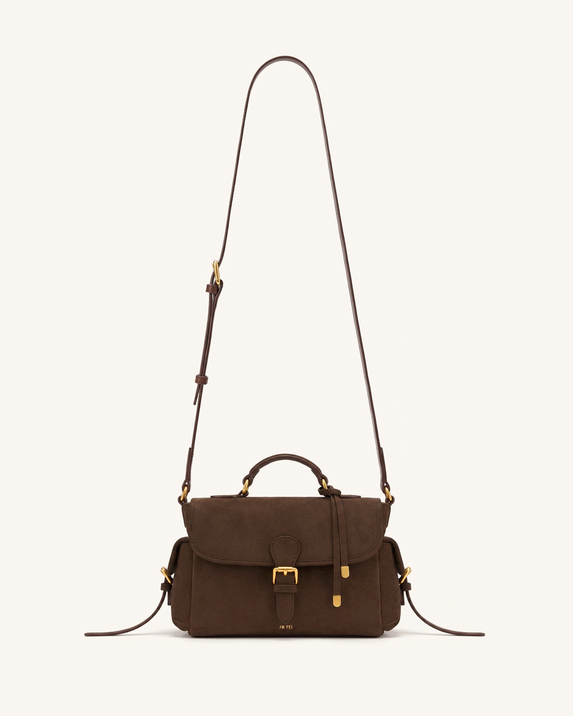 Jw Pei Marina Faux Suede Flap Multi Pocket Top Handle Crossbody Bag Dark Brown