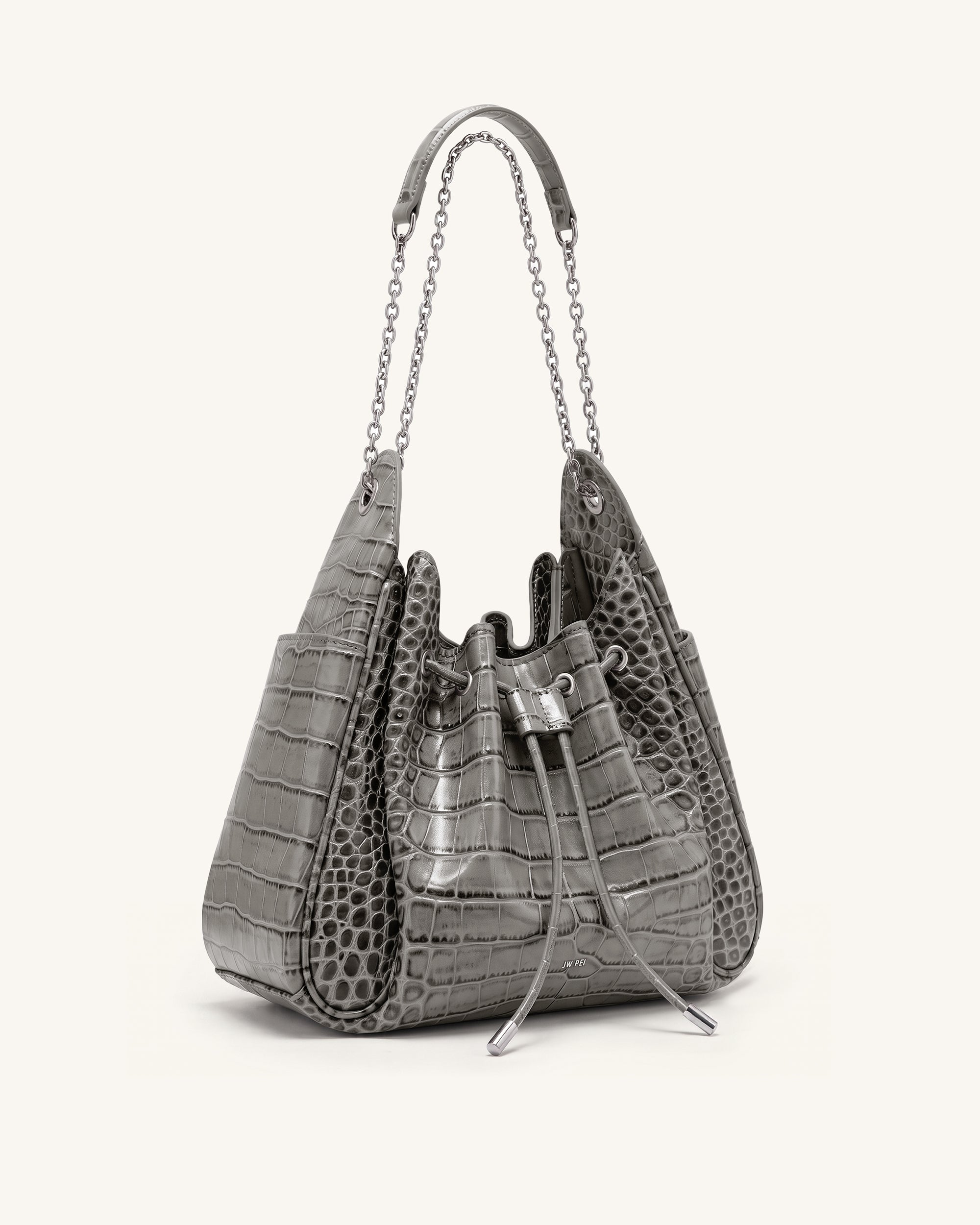 Jw Pei Rowan Ruched Drawstring Chain Bucket Bag Grey Croc