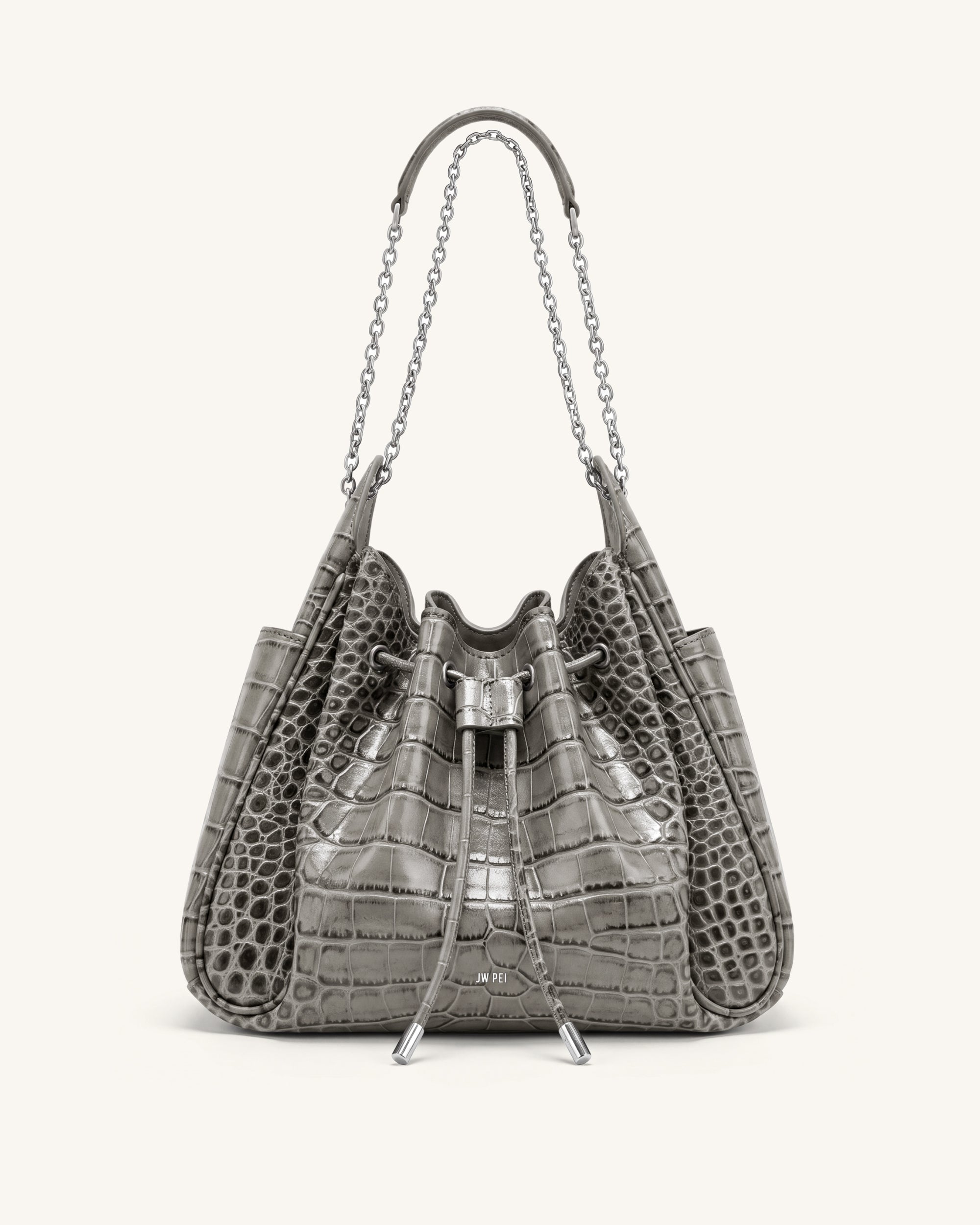 Jw Pei Rowan Ruched Drawstring Chain Bucket Bag Grey Croc