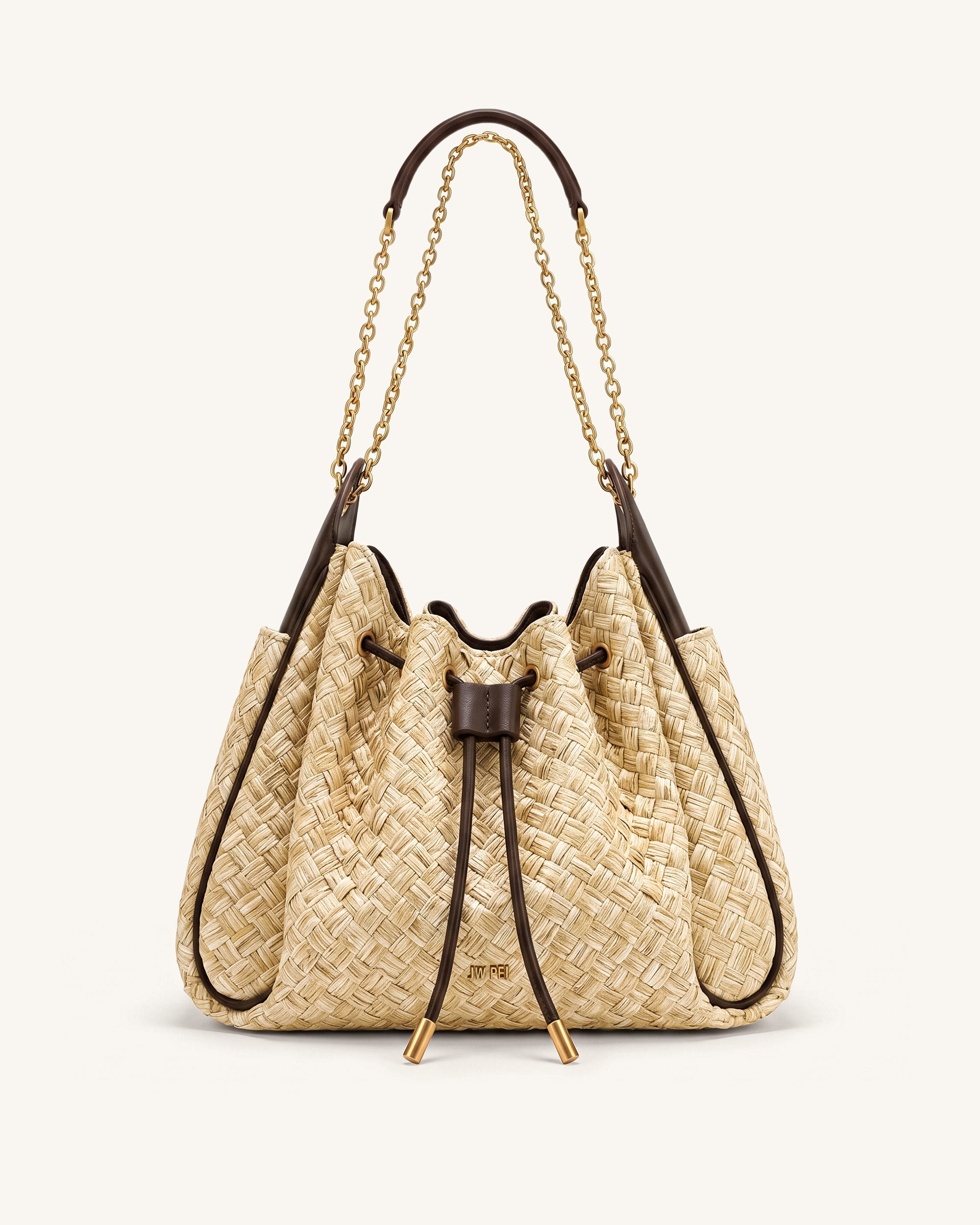 Jw Pei Rowan Faux Straw Ruched Drawstring Chain Bucket Bag Brown