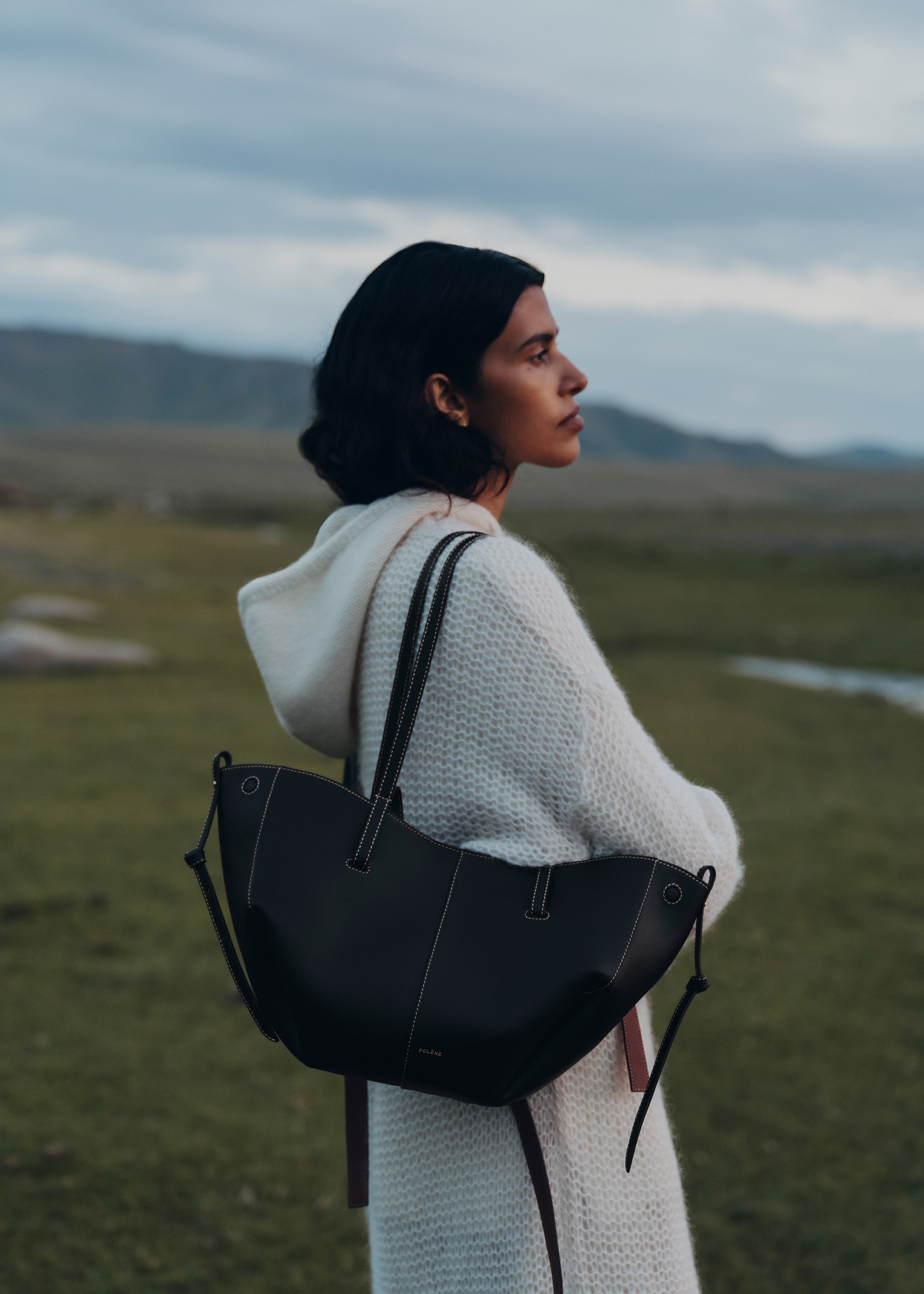 Polene Cyme Mini Textured Black with Ecru Stitching