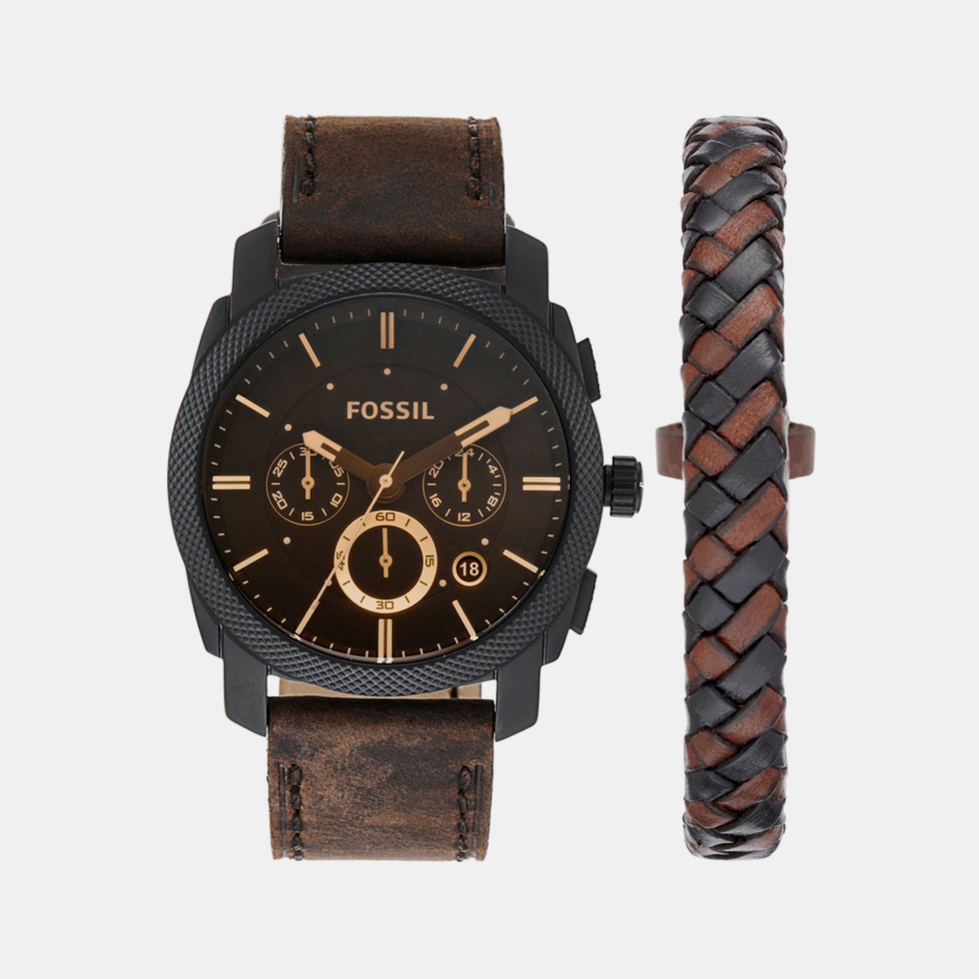 Fossil Machine Men Quartz Black Dial Chronograph Leather Watch Fs5251Set