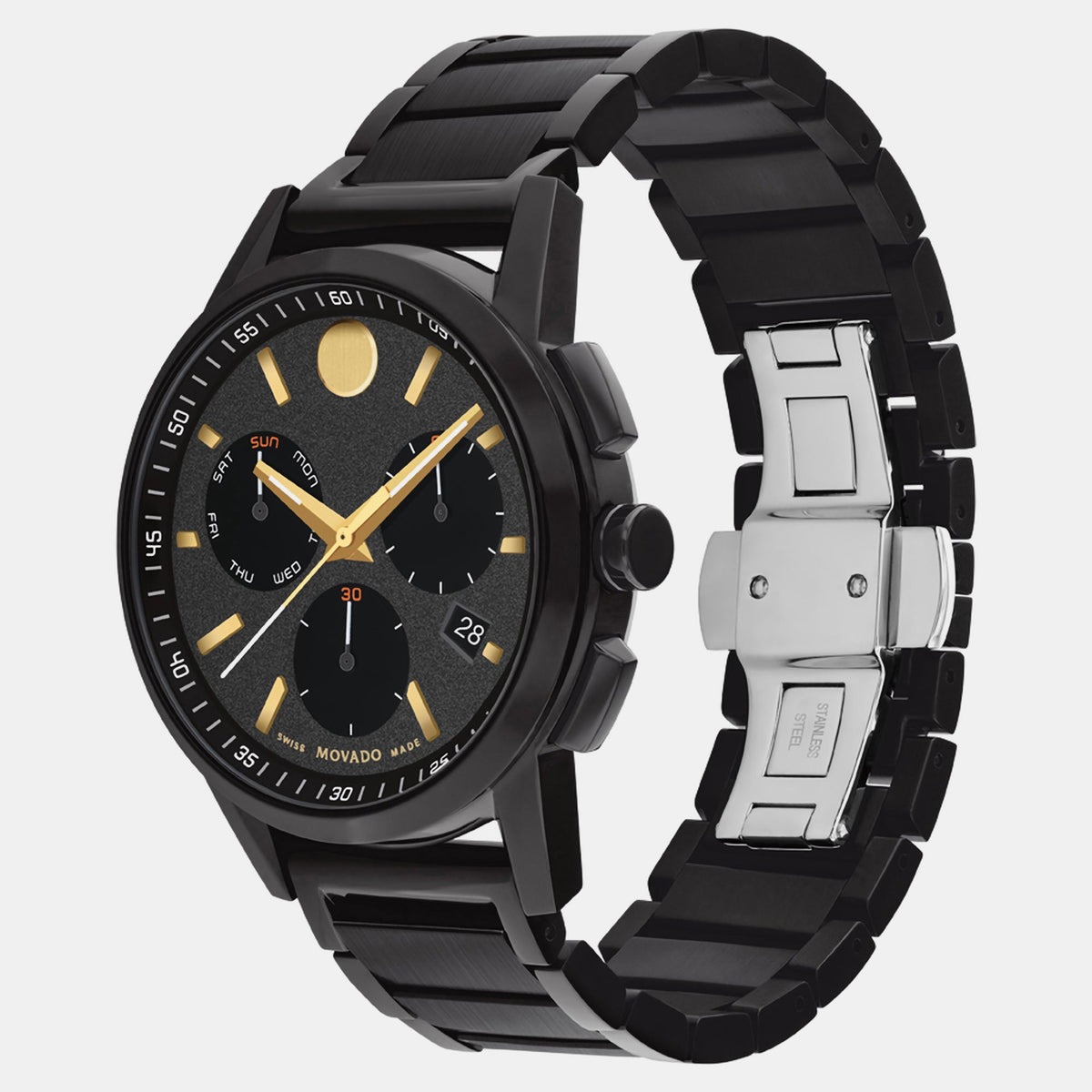 Movado Museum Sport Men Quartz Black Dial Chronograph Stainless Steel Watch 607802