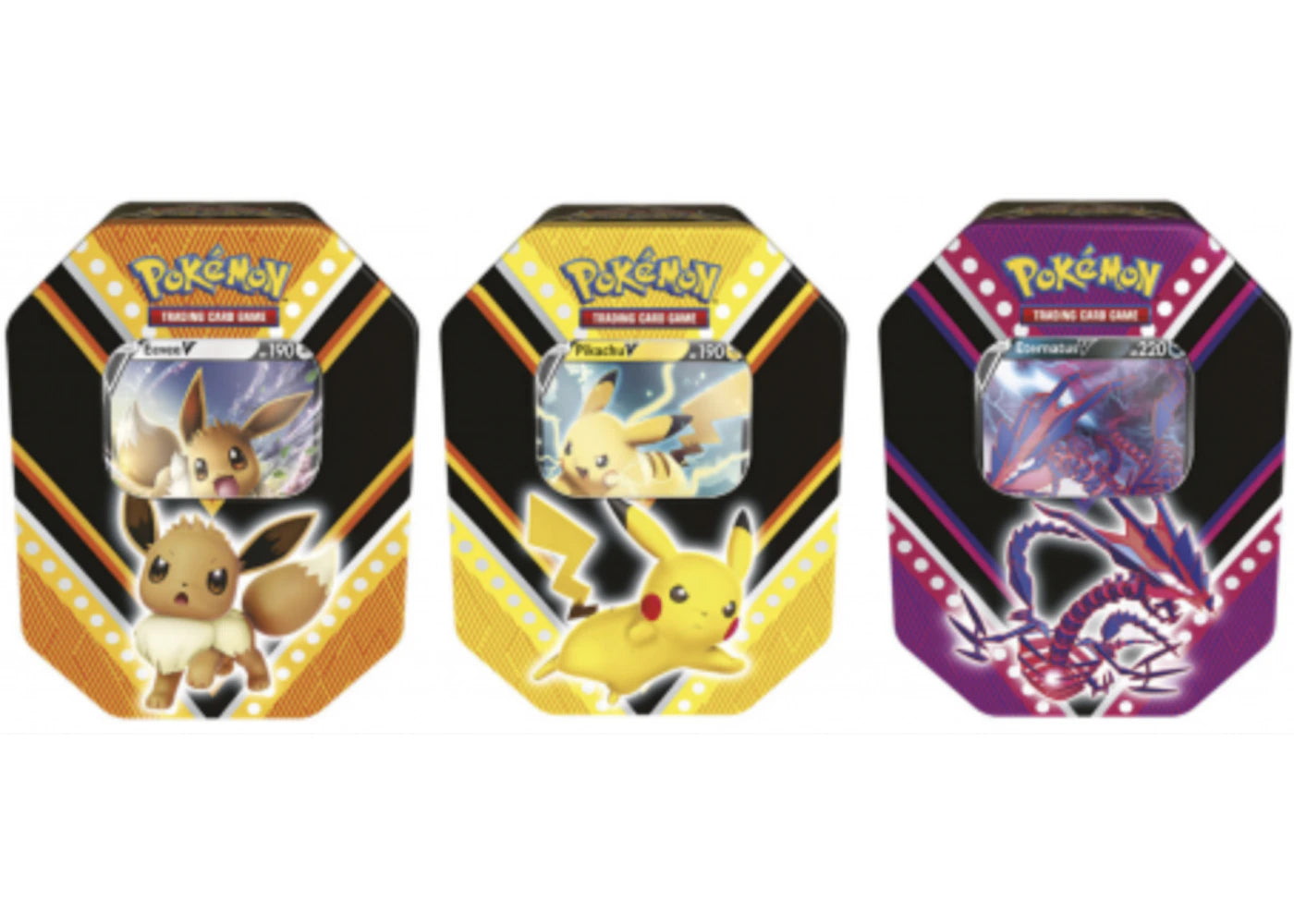 Pokemon Tcg V Powers Eevee V/Pikachu V/Eternatus V Tin 3X Lot Vertical –  Kicks Machine