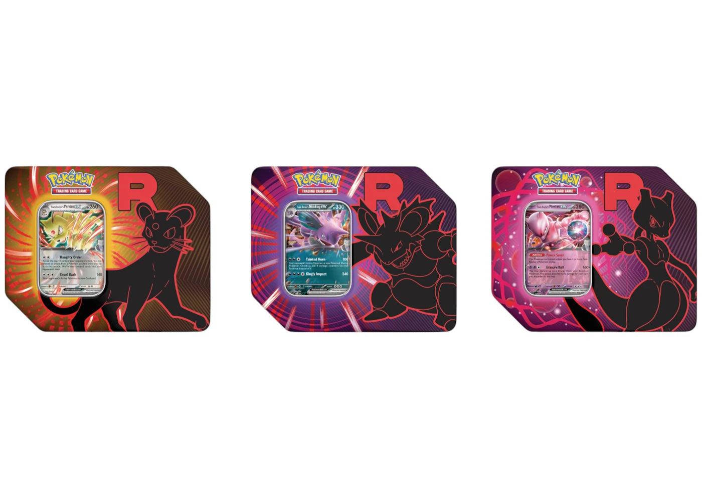 2025 Pokemon Team Rocket Mewtwo Ex/Persian Ex/Nidoking Ex Tin Case Set Kicks Machine 2025 Pokemon Team Rocket Mewtwo Ex/Persian Ex/Nidoking Ex Tin Case Set Kicks Machine